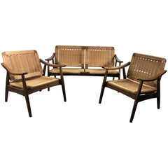 Hans Wegner Style Rope and Teak Three-Piece Suite, Living Room/Patio Set