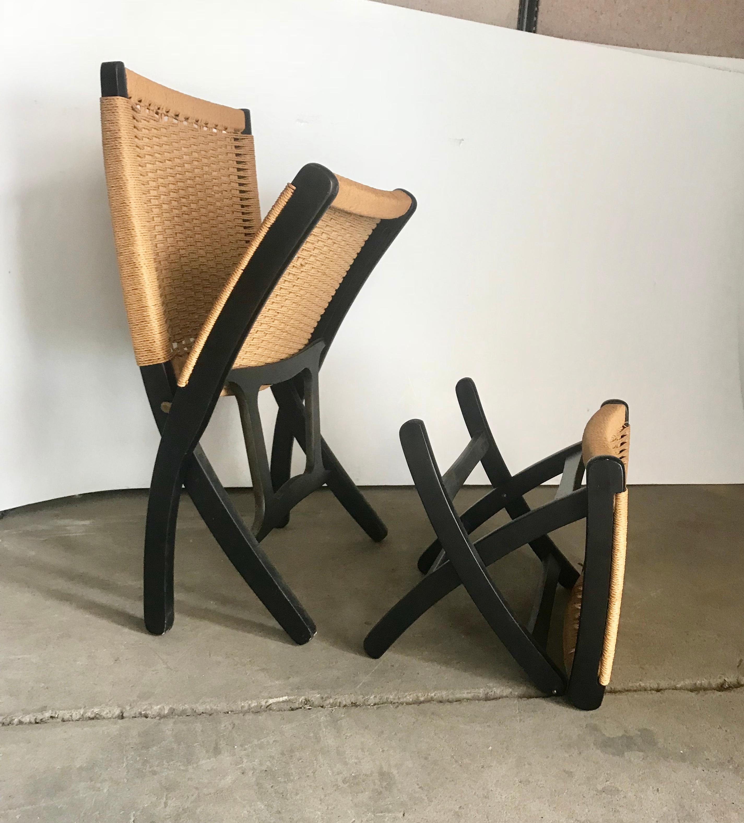 Lacquered Hans Wegner Style Rope Chair and Ottoman