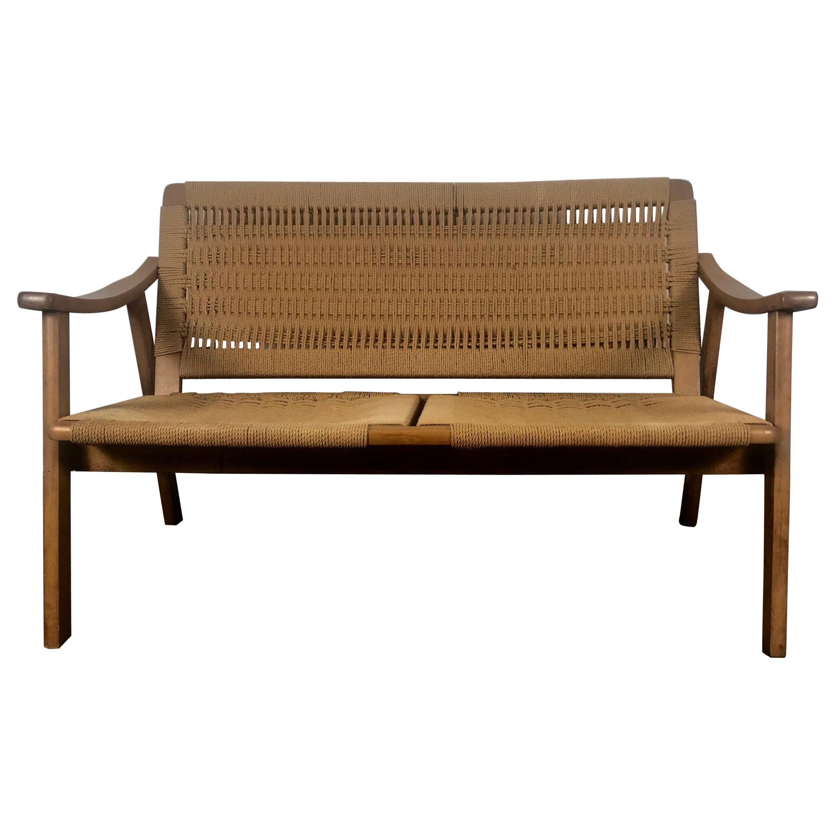 Teak and Rope Settee For Sale