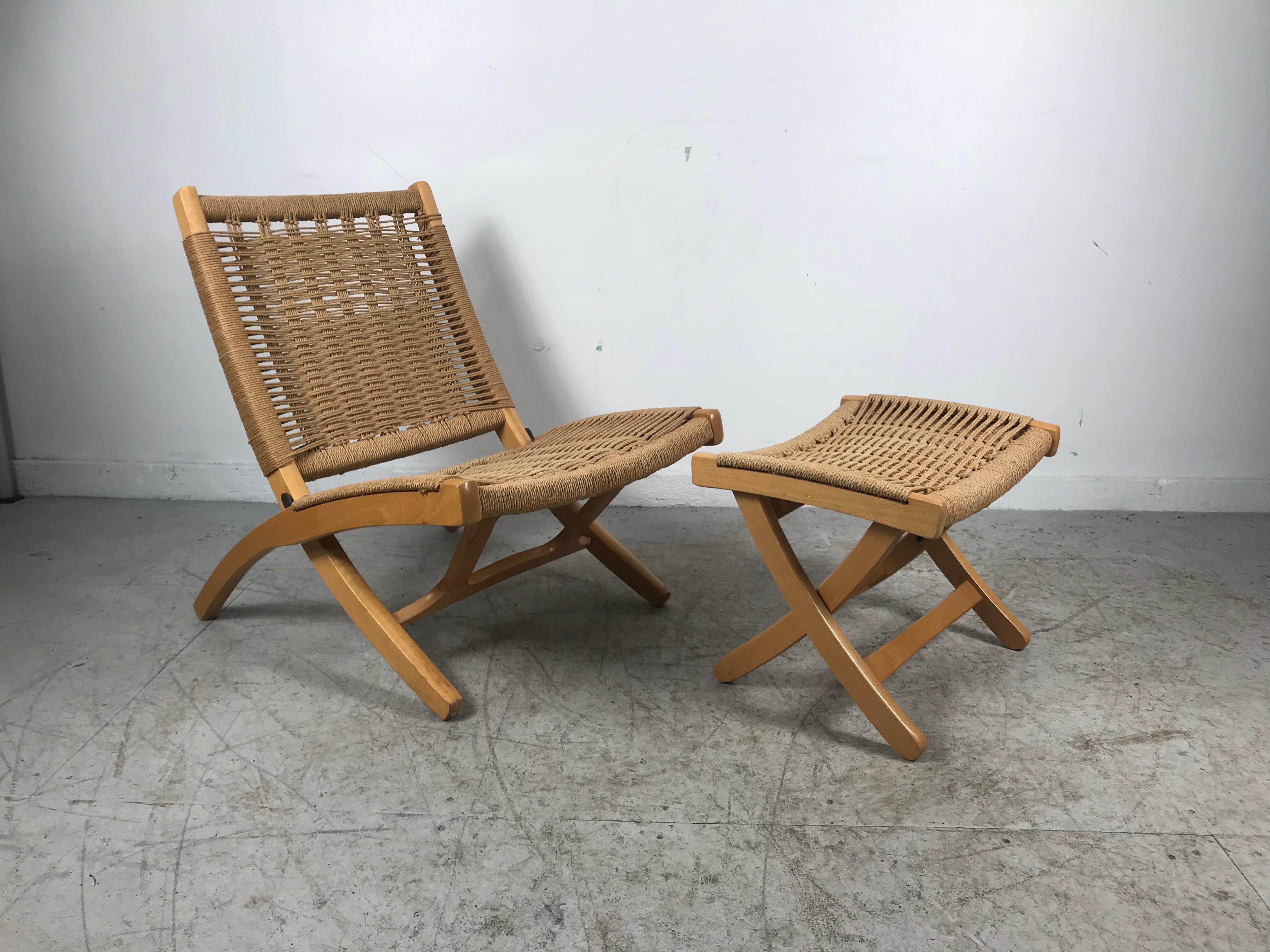 Mid-Century Modern Woven Teak and Rope Folding Chair and Ottoman