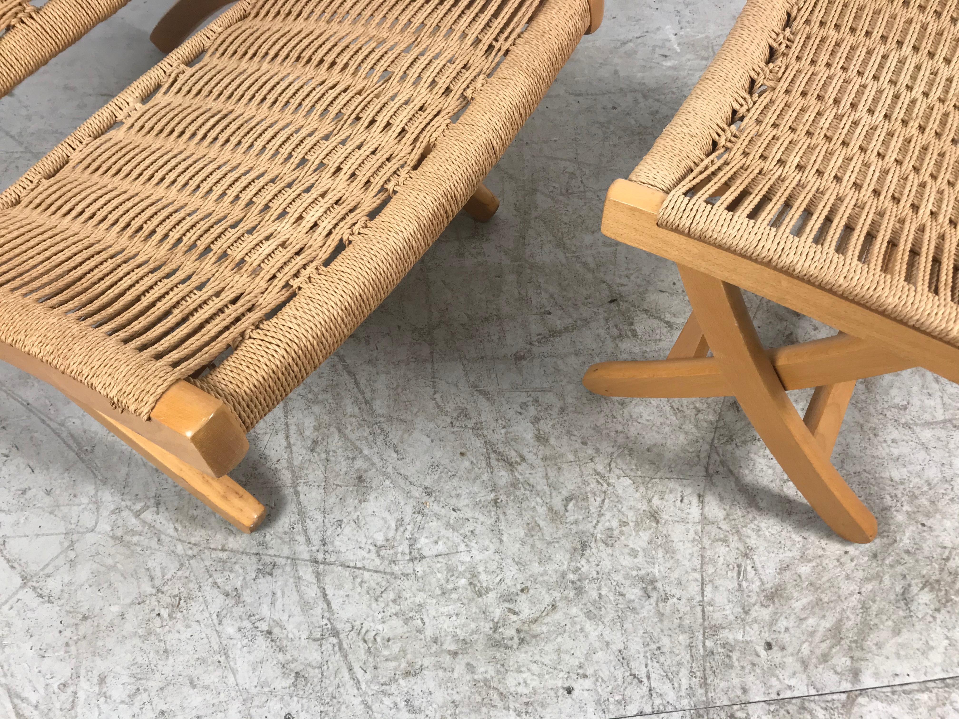 Danish Woven Teak and Rope Folding Chair and Ottoman