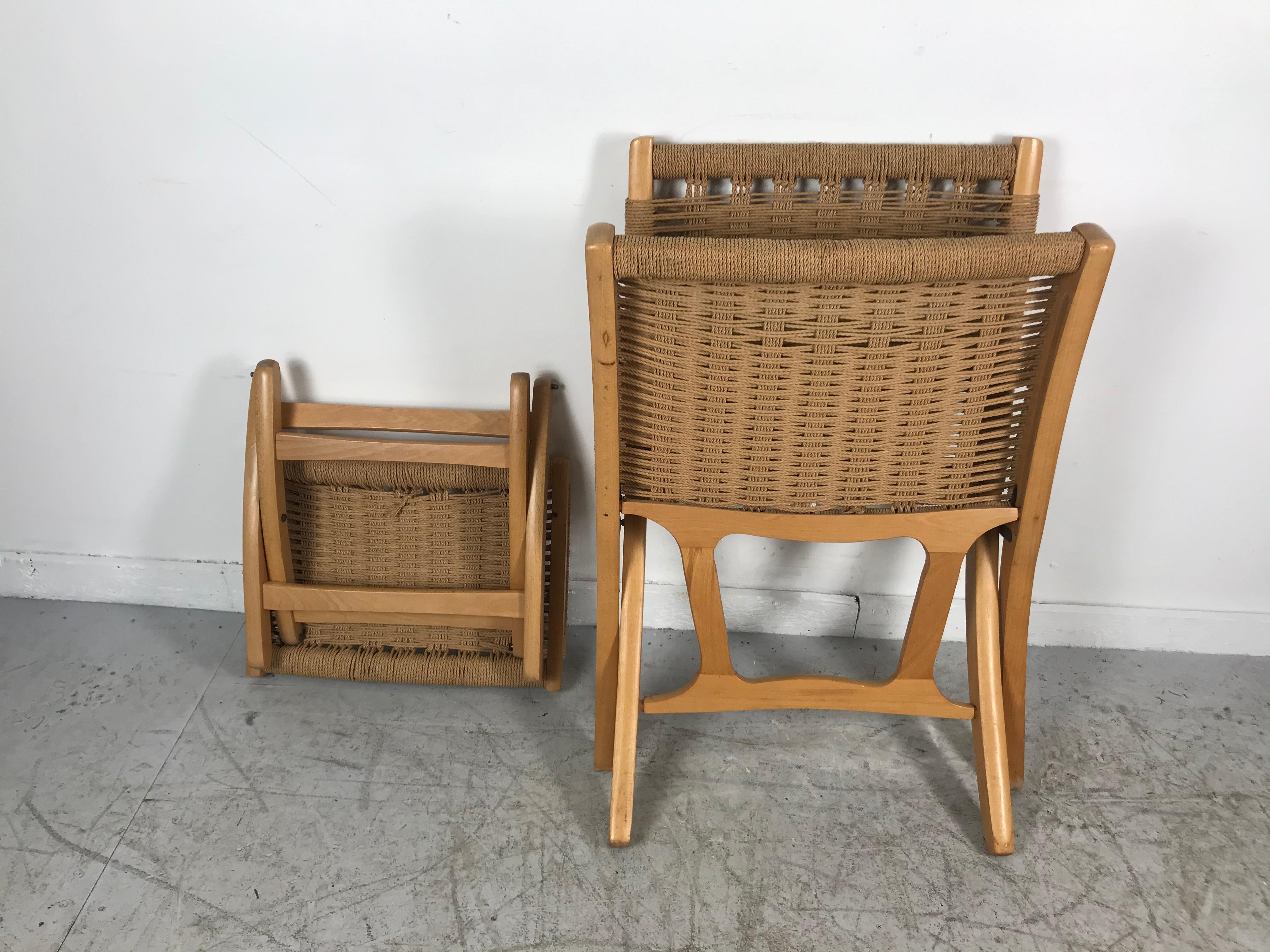 Woven Teak and Rope Folding Chair and Ottoman In Excellent Condition In Buffalo, NY