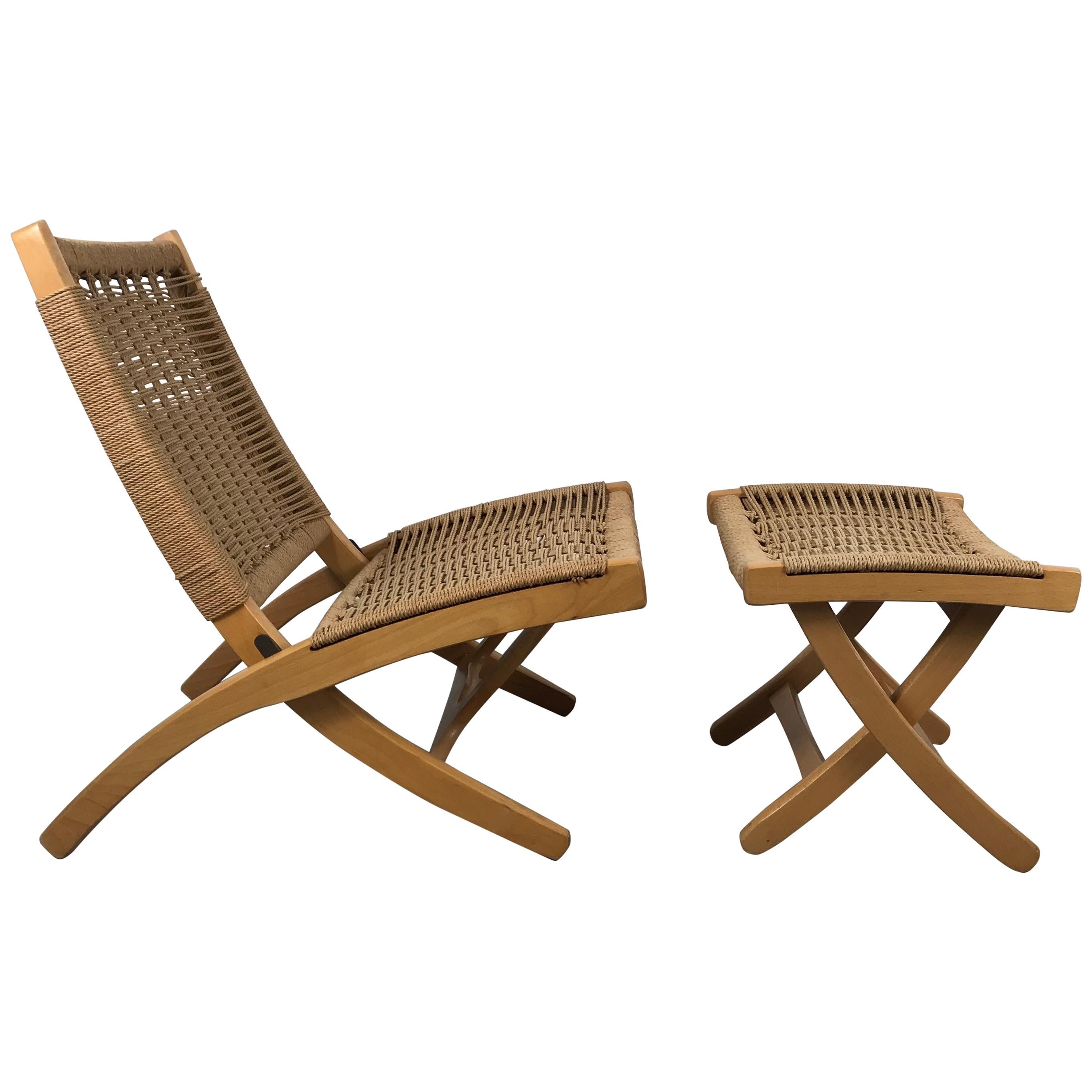 Woven Teak and Rope Folding Chair and Ottoman