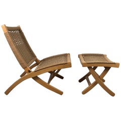 Woven Teak and Rope Folding Chair and Ottoman