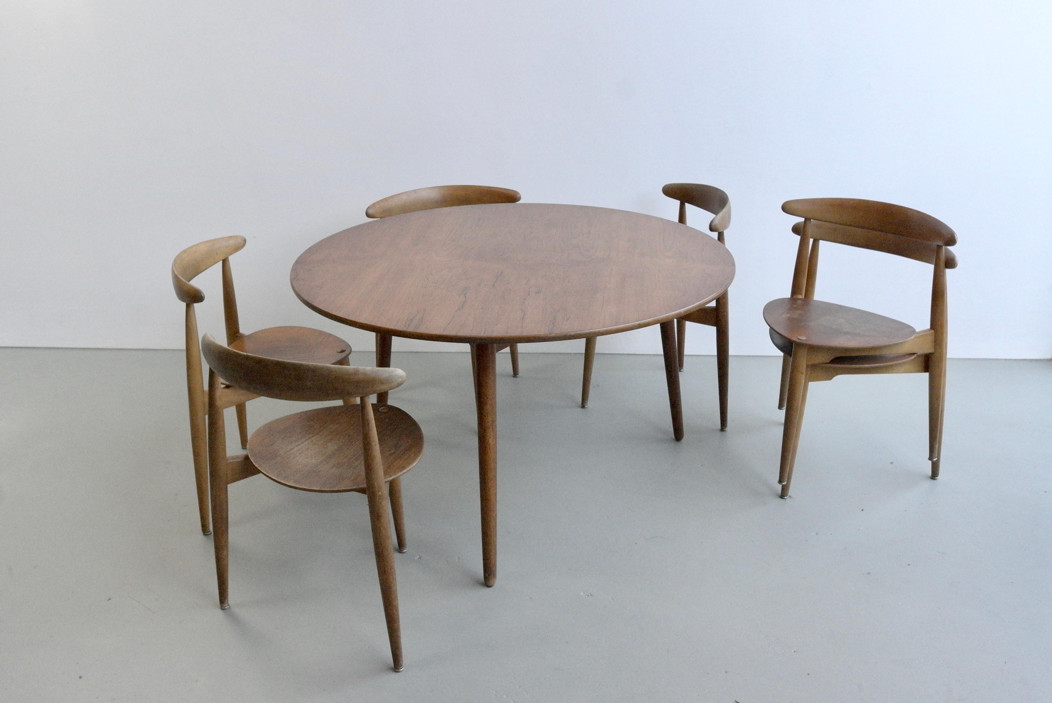 Hans Wegner Teak Dining Table and Six Heart Chairs by Fritz Hansen Denmark 1950s 1