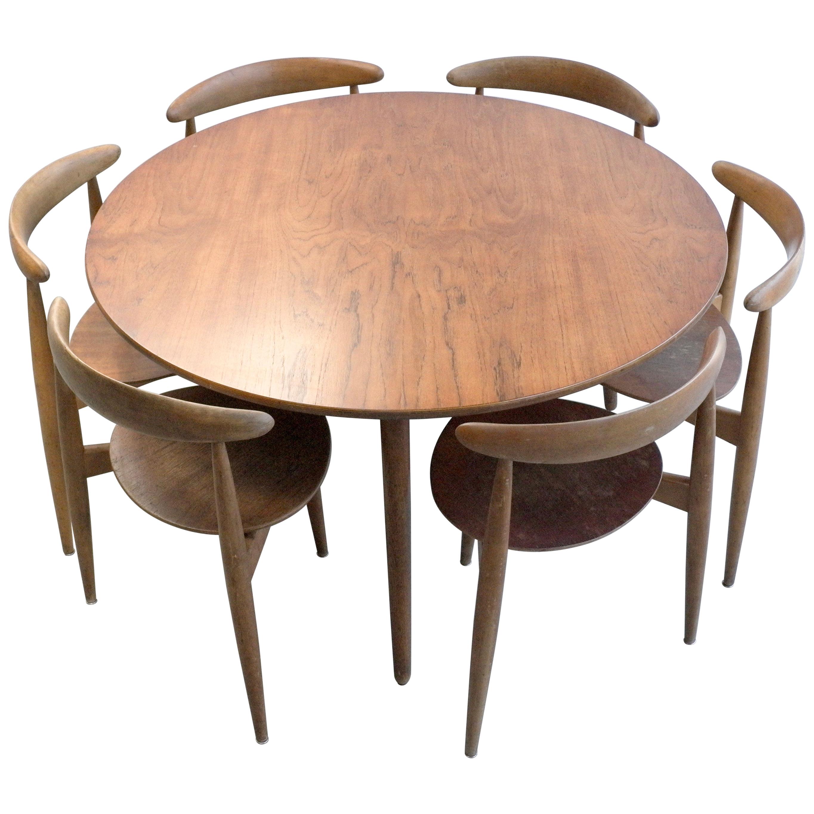 Hans Wegner Teak Dining Table and Six Heart Chairs by Fritz Hansen Denmark 1950s