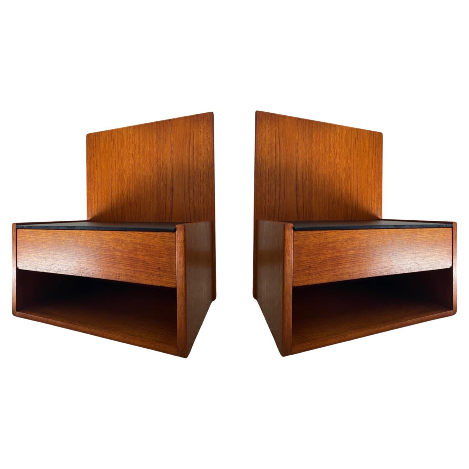 Hans Wegner Teak "Floating" Nightstands for Getama with Textured Amethyst Glass