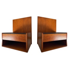 Vintage Hans Wegner Teak "Floating" Nightstands for Getama with Textured Amethyst Glass