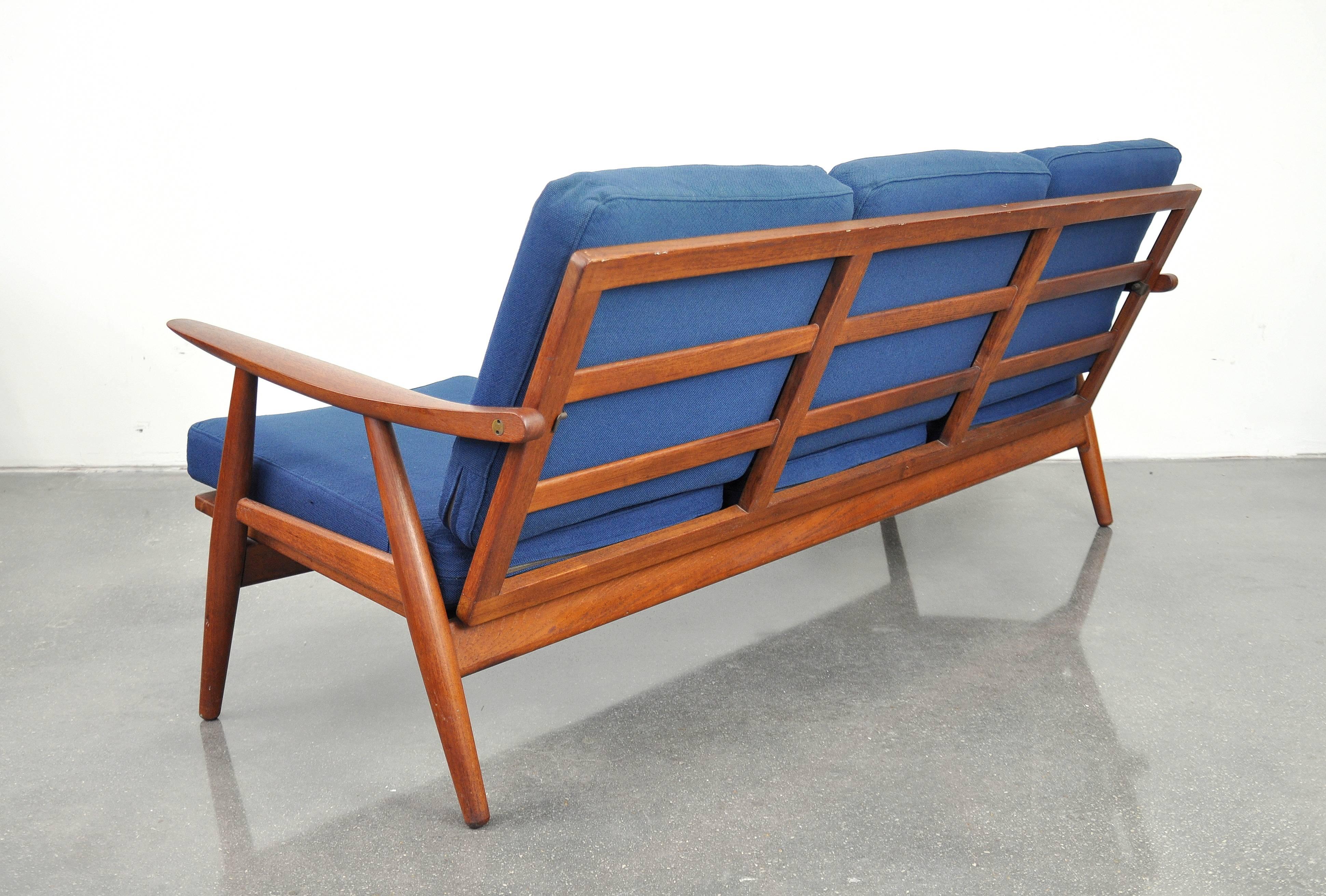 Mid-Century Modern Hans Wegner Teak and Blue Wool Sofa