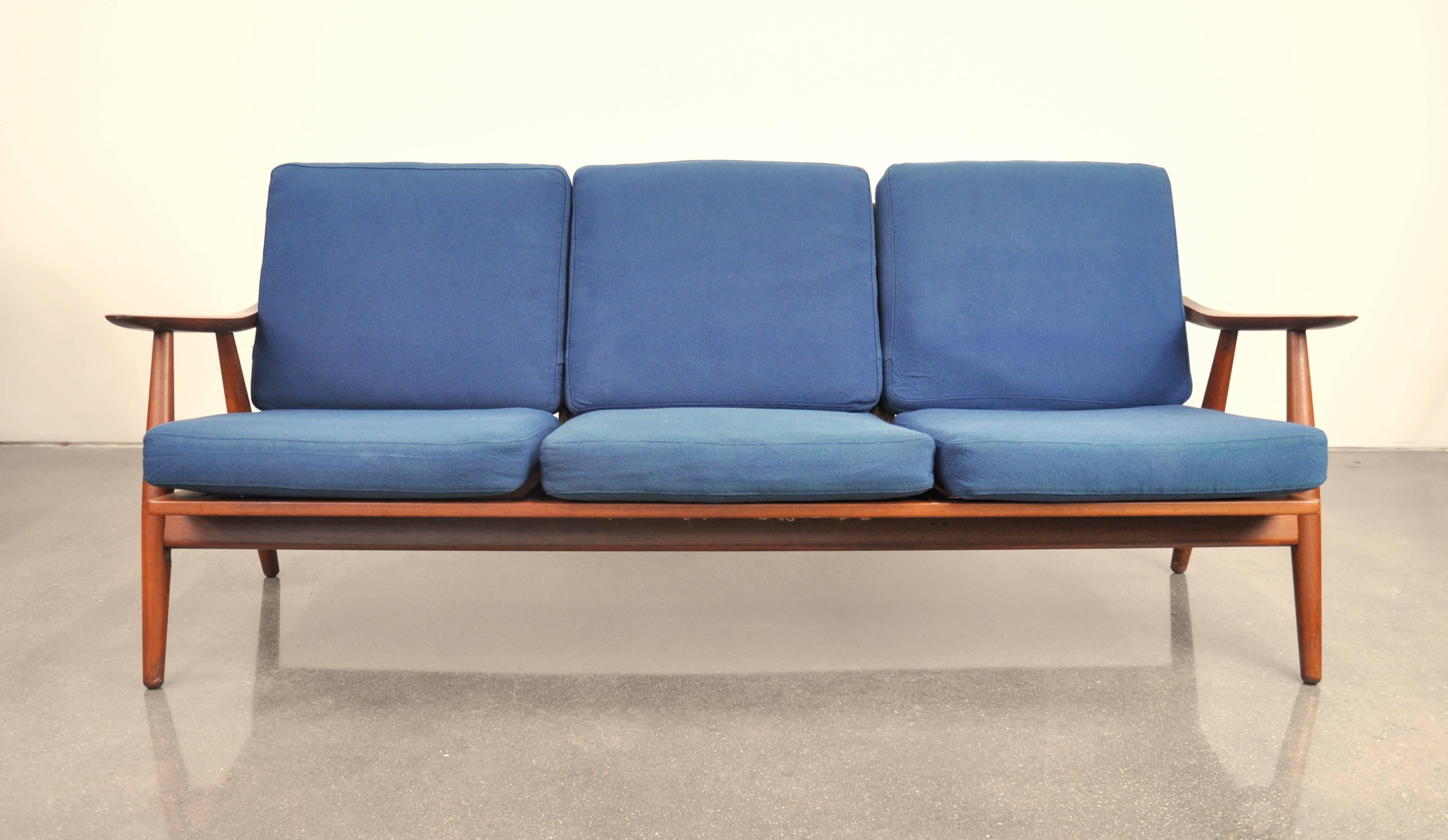 Oiled Hans Wegner Teak and Blue Wool Sofa