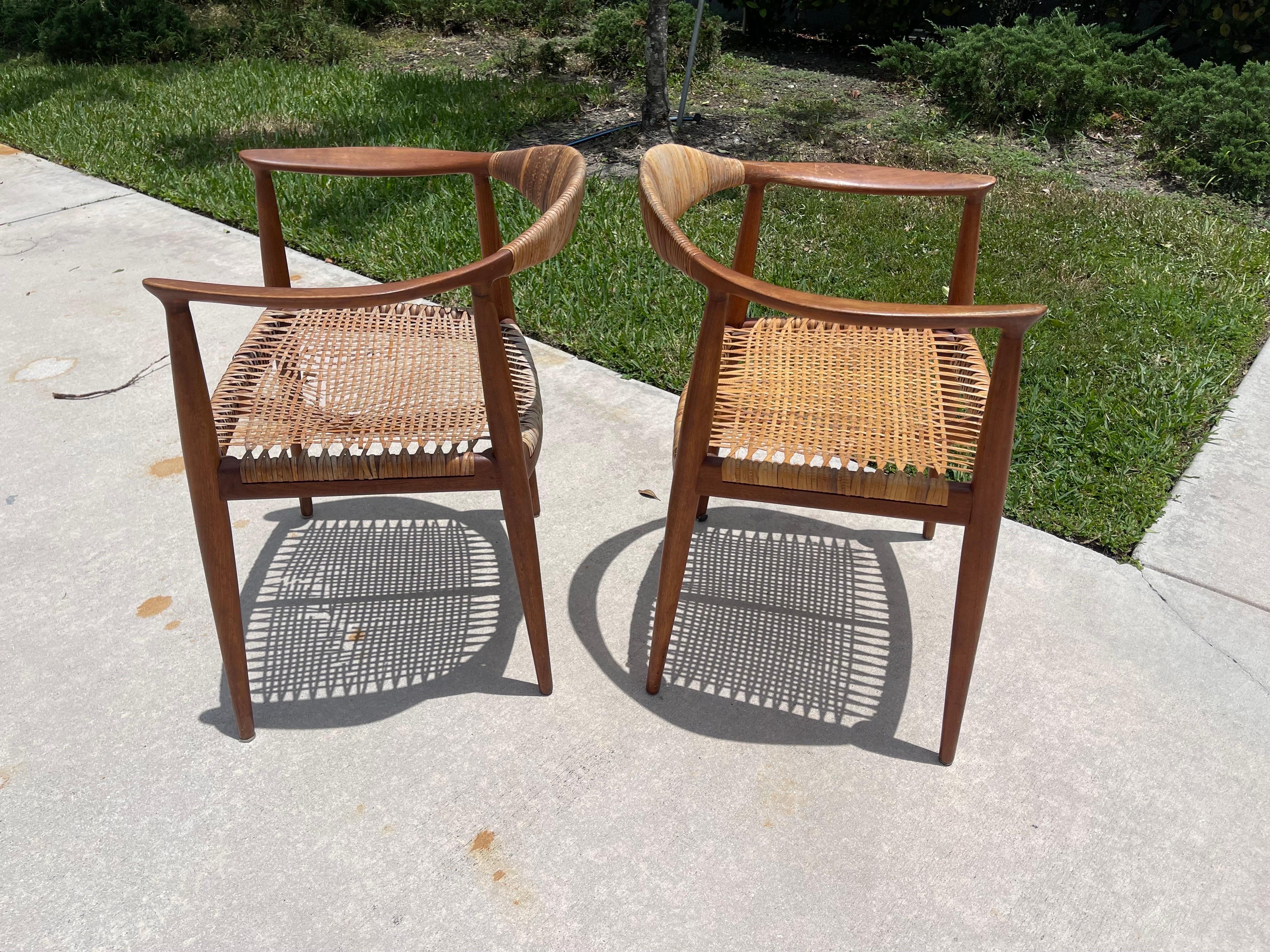 Hans Wegner “The Chair” Early Example Teak, Cane Armchairs, a Pair For Sale 1