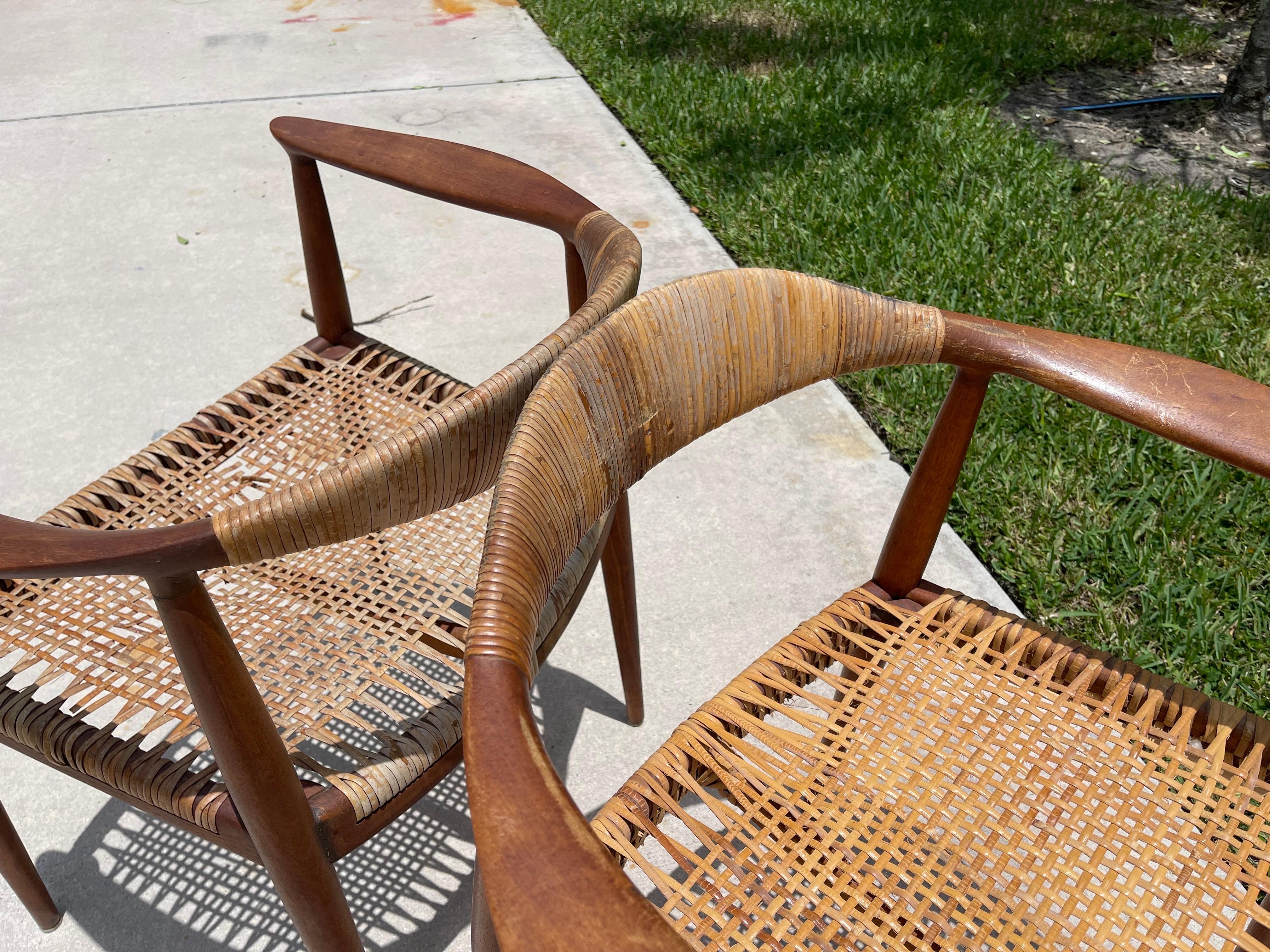 Hans Wegner “The Chair” Early Example Teak, Cane Armchairs, a Pair For Sale 2