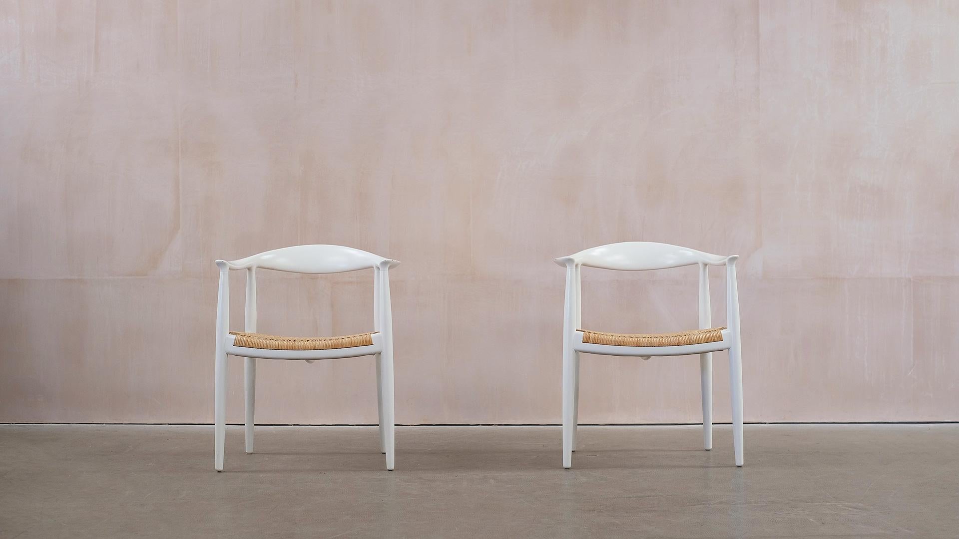 Amazing pair of Hans Wegner Round Chairs PP 501 in ‘Special Request’ white pigment lacquer finish. These chairs were ordered from PP Mobler in 2015 with clearance from the Wegner estate for the custom finish and as such are unusual and beautiful.