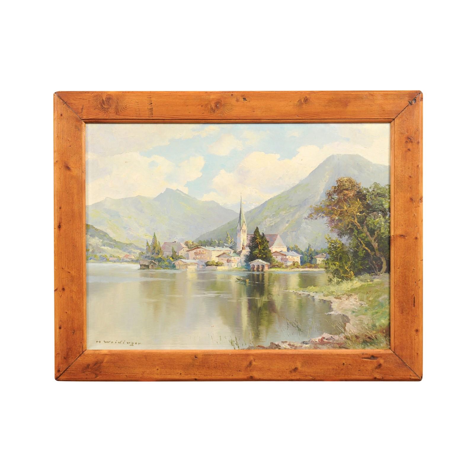 German Hans Weidinger 1940s Oil Landscape Painting of Tegernsee in the Bavarian Alps For Sale