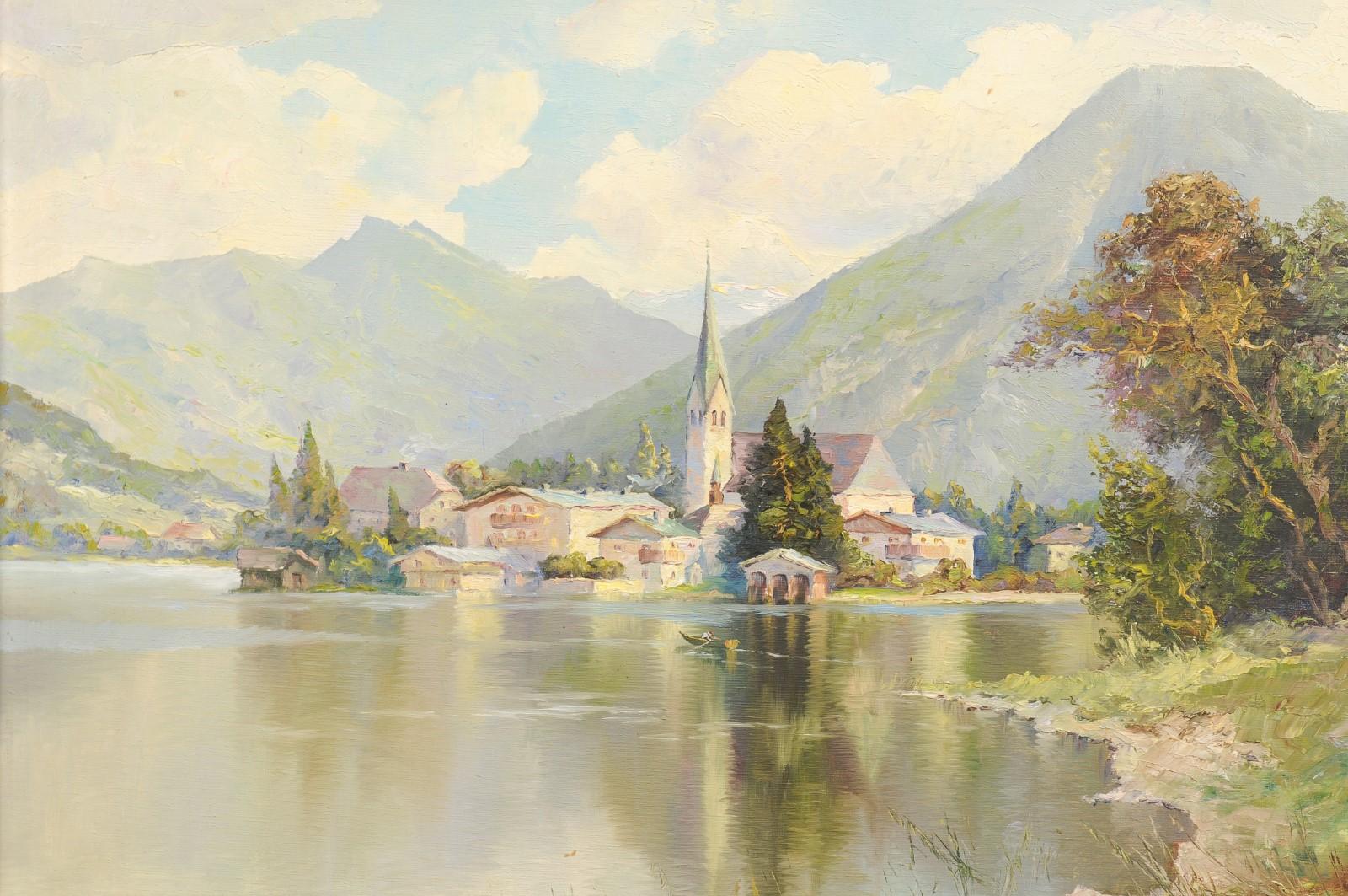 Hand-Painted Hans Weidinger 1940s Oil Landscape Painting of Tegernsee in the Bavarian Alps For Sale