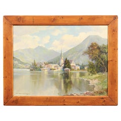 Retro Hans Weidinger 1940s Oil Landscape Painting of Tegernsee in the Bavarian Alps