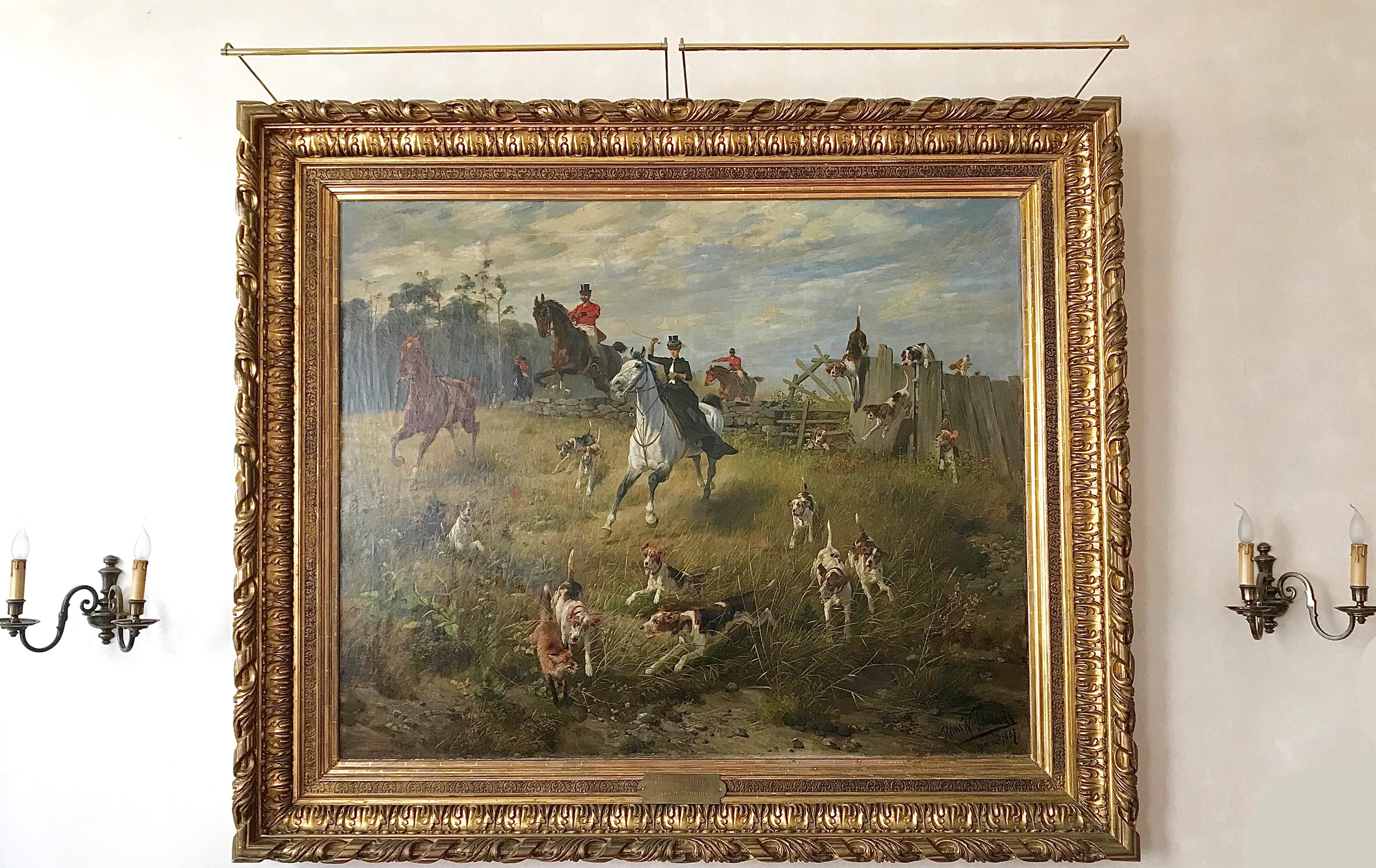 Fox in trouble - Landscape, Oil, Animal, Painting. Hunting scene. 19th century. 10