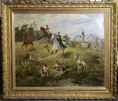 Fox in trouble - Landscape, Oil, Animal, Painting. Hunting scene. 19th century.