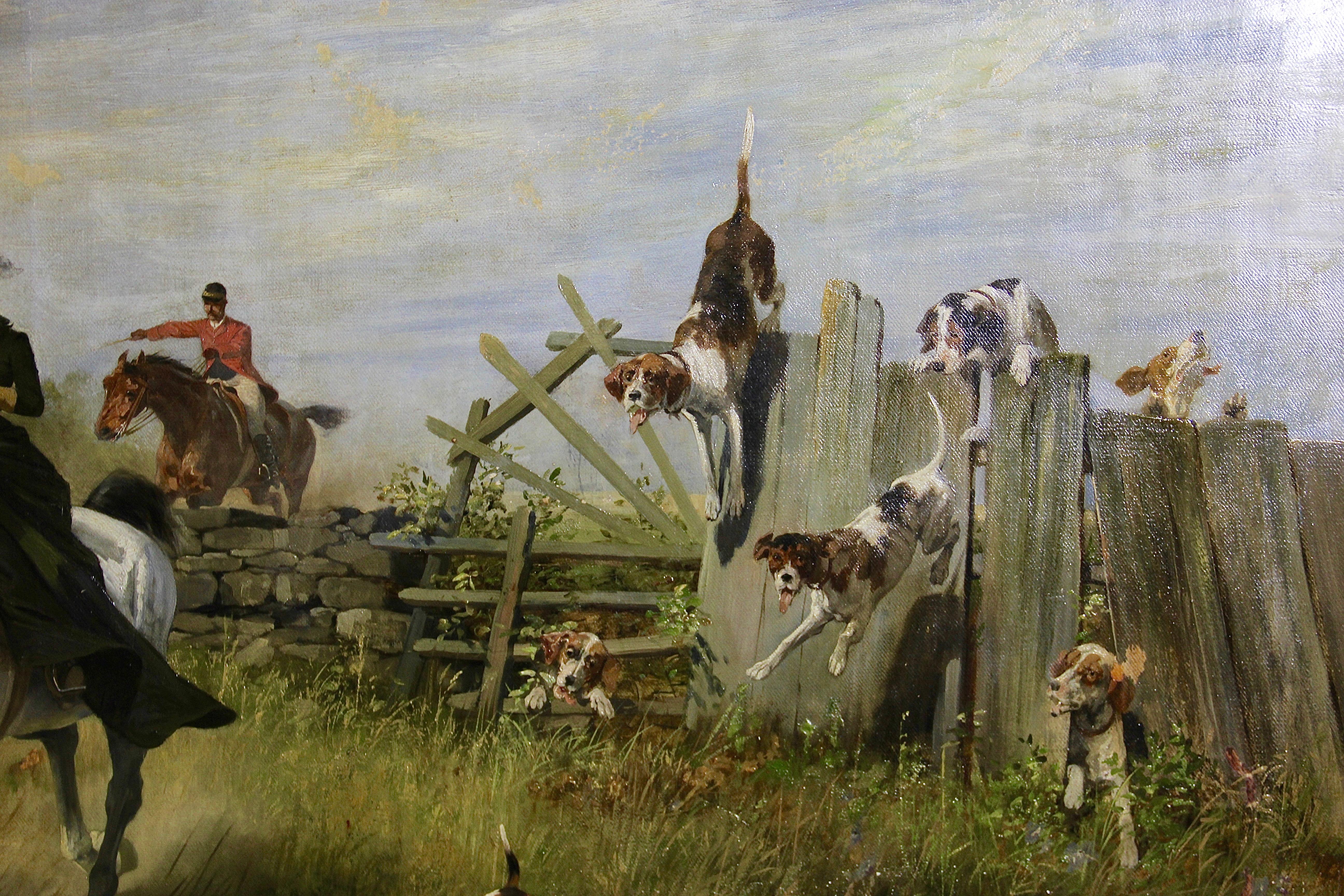 Fox in trouble - Landscape, Oil, Animal, Painting. Hunting scene. 19th century. - Brown Animal Painting by Hans Werner Schmidt