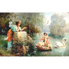 Hans Zatzka 'Österreicher, 1859-1945' Öl auf Karton "auf der Suche nach Liebe" Putte & Schwan