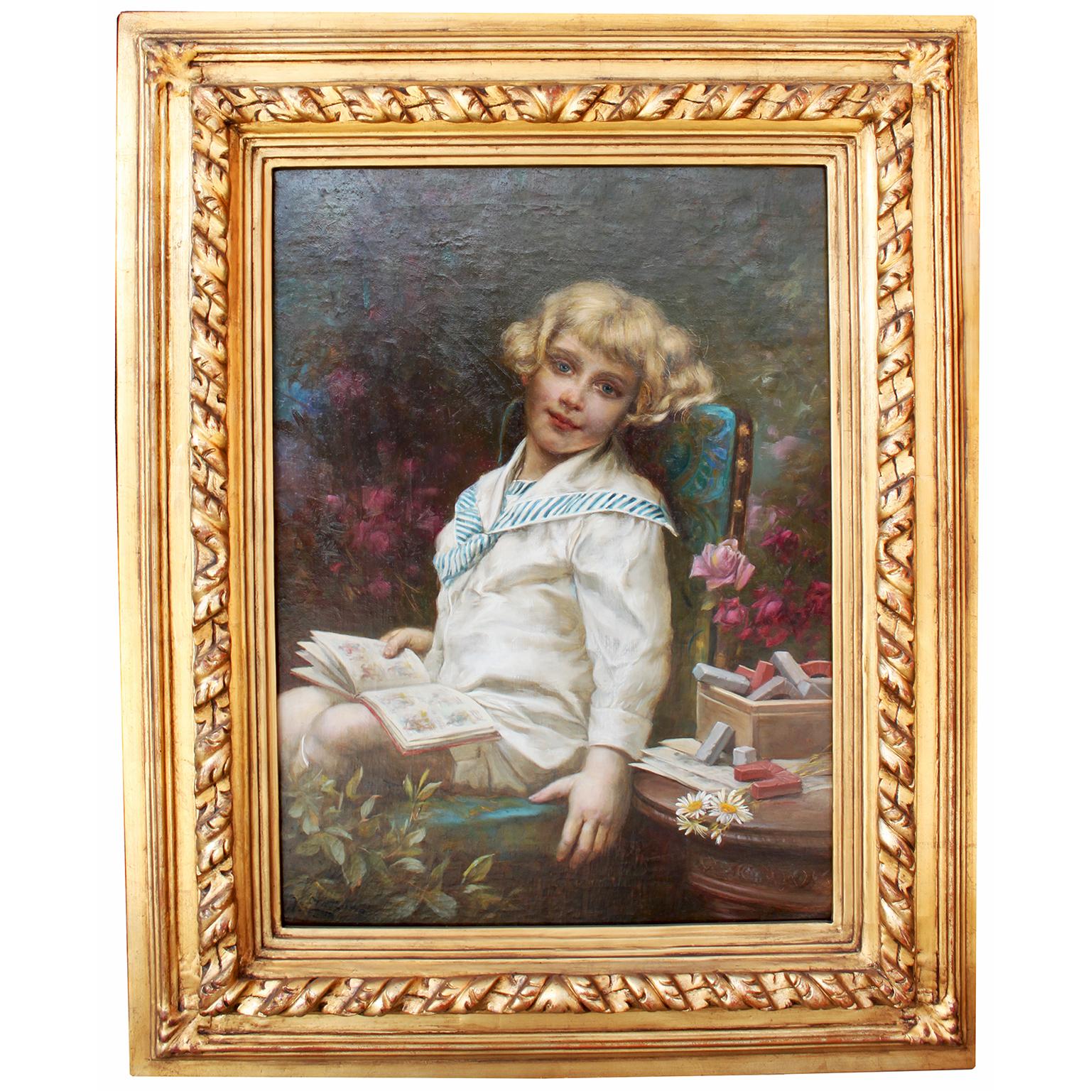 Figurative Painting di Hans Zatzka - Un raffinato olio su tela austriaco "Ritratto di una giovane ragazza in abito da marinaio".