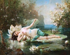 Una ninfa dell'acqua - Olio del XIX secolo, figura femminile nuda in un paesaggio di Hans Zatzka