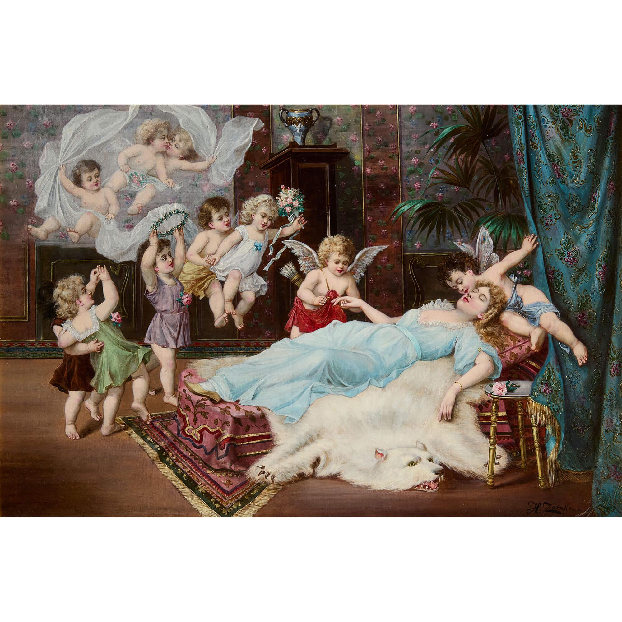 Pittura ad olio austriaca di un matrimonio da sogno di Zatzka - Painting di Hans Zatzka