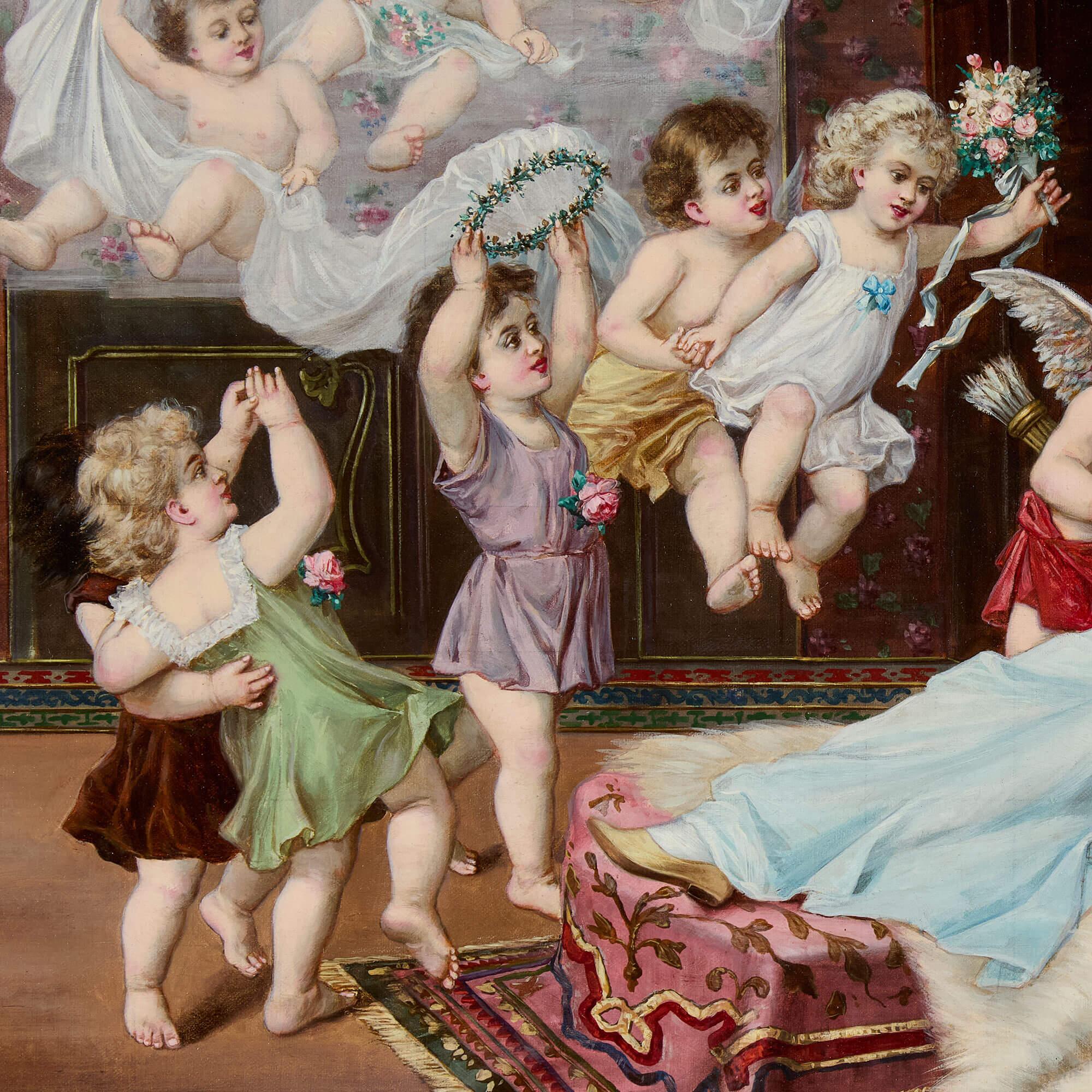 Quadro ad olio austriaco di un matrimonio da sogno di Zatzka
Austriaco, 1910 circa
Tela: Altezza 54 cm, larghezza 79 cm
Telaio: Altezza 67cm, larghezza 94cm, profondità 6cm

Questo incantevole dipinto a olio, realizzato intorno al 1910 dall'artista