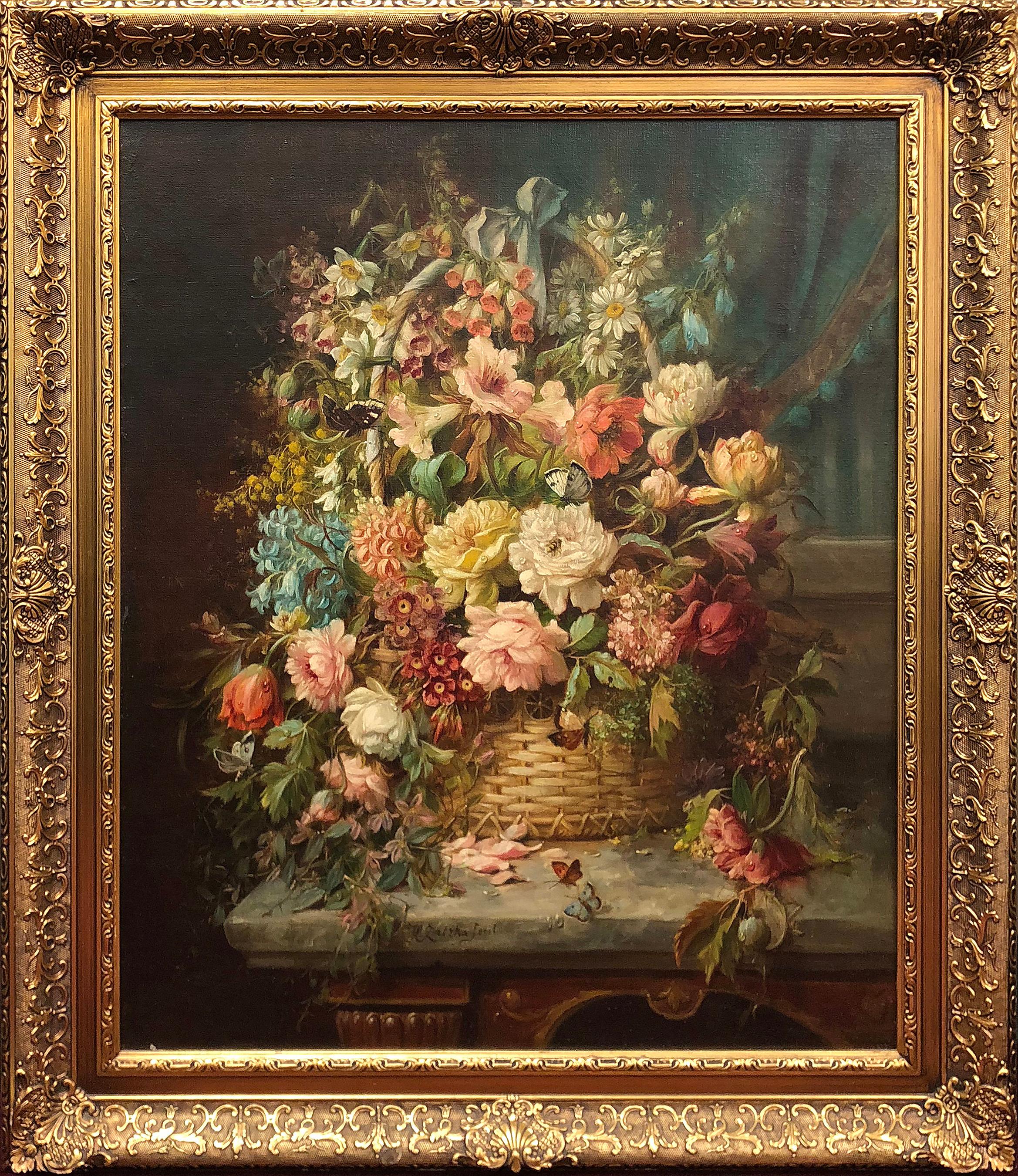 Hans Zatzka Still-Life Painting - Floral Still Life with Butterflies and Bee