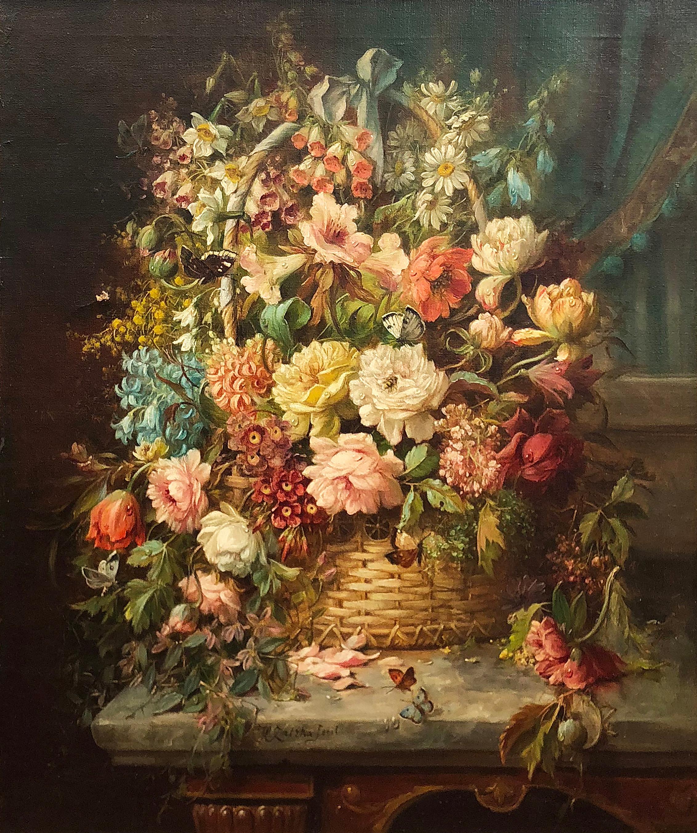Floral Still Life with Butterflies and Bee - Painting by Hans Zatzka