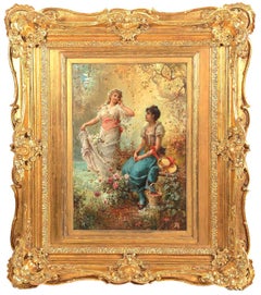 Hans Zatzka, Austriaco - Olio su tavola intitolato "Primavera" Fanciulle che raccolgono fiori