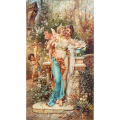 Hans Zatzka, Olio su tela austriaco intitolato "Amore di primavera" Fanciulla con cherubini