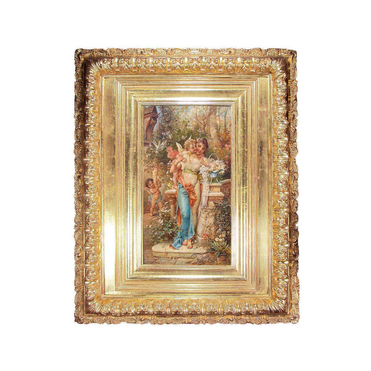 Hans Zatzka (Austriaco, 1859-1945) un olio su tela di qualità eccellente intitolato "Amore di primavera" che raffigura una giovane fanciulla in piedi che regge un cesto di vimini pieno di fiori freschi mentre viene abbracciata e baciata da un