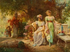 Hans Zatzka "Two Ladies In A Garden" Oil on Canvas Painting