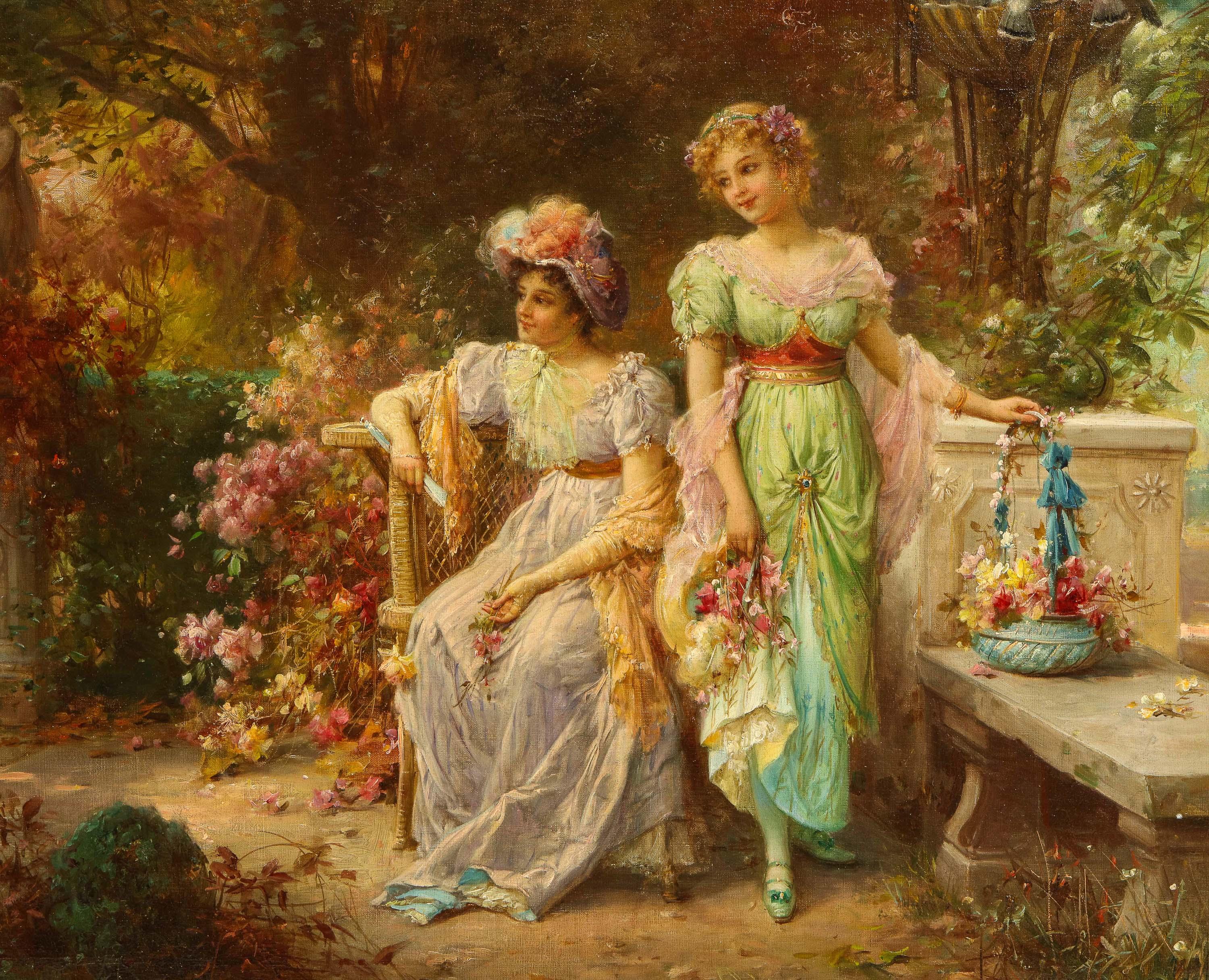 Peinture à l'huile sur toile « Two Ladies In A Garden » (Deux femmes dans un jardin) de Hans Zatzka 2