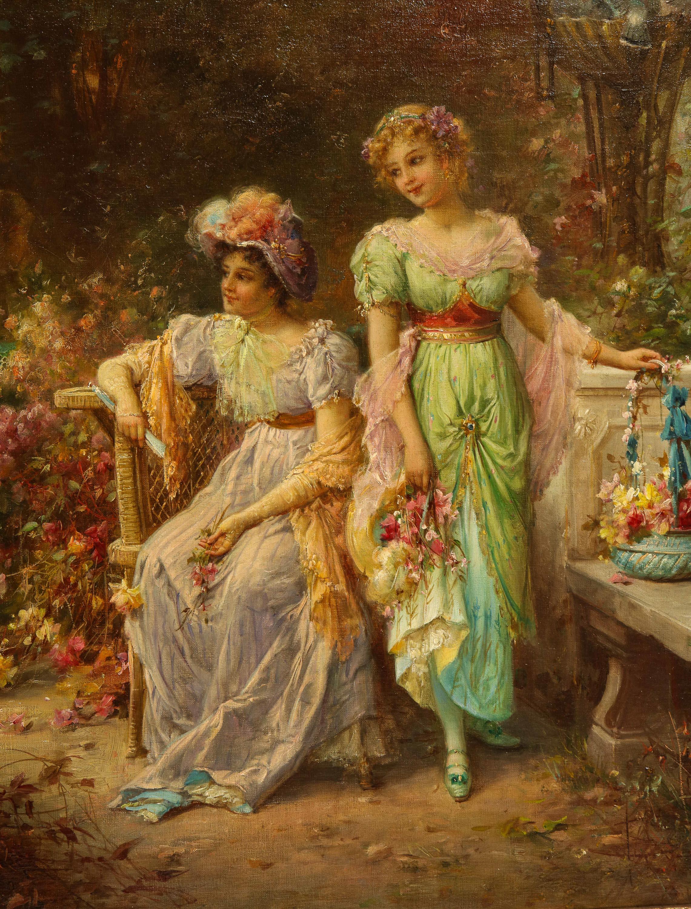 Peinture à l'huile sur toile « Two Ladies In A Garden » (Deux femmes dans un jardin) de Hans Zatzka 4