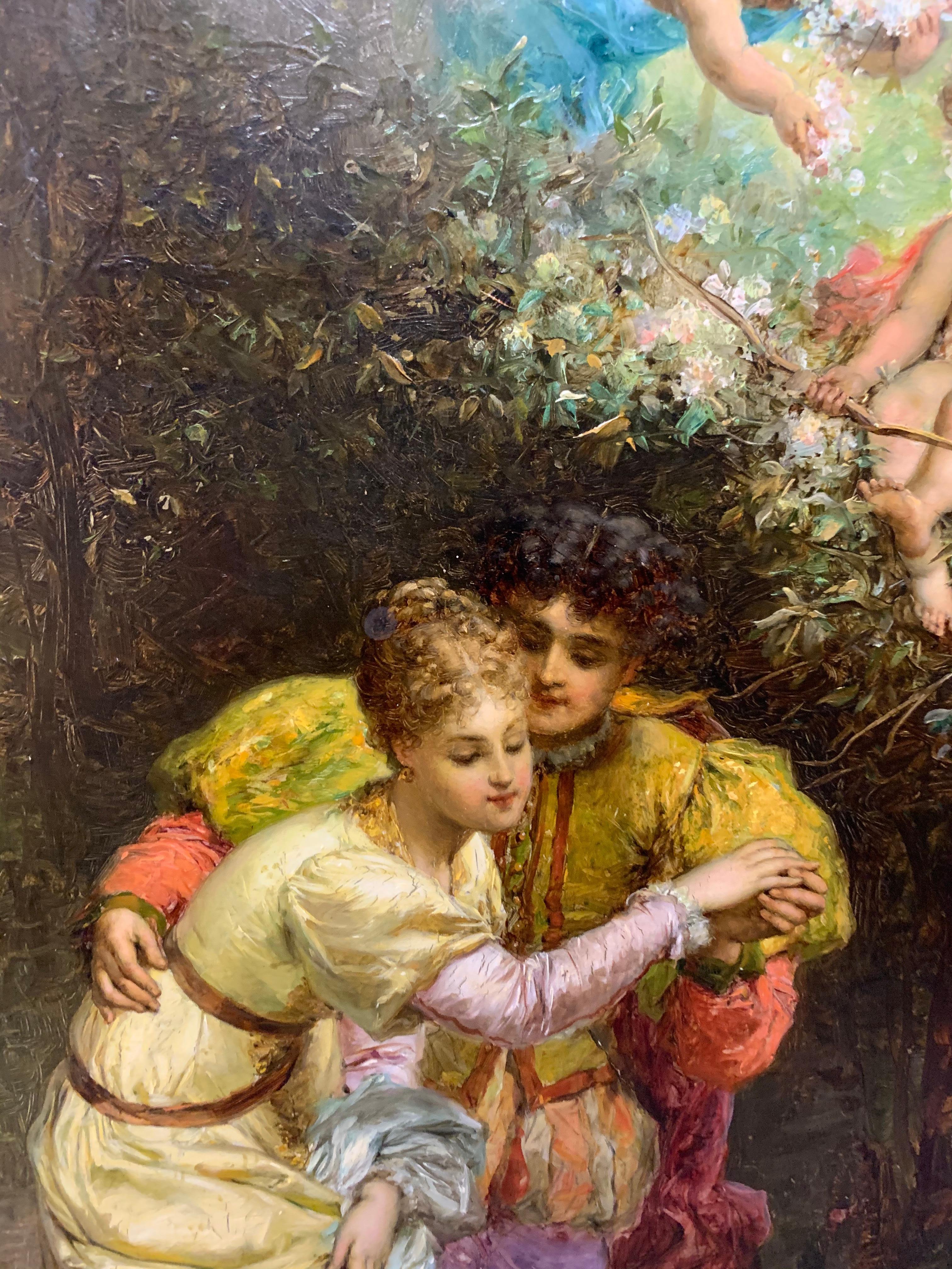 Hanz Zatska Austrian Cherubs Renaissance Figures Outdoor Setting  - Painting by Hans Zatzka