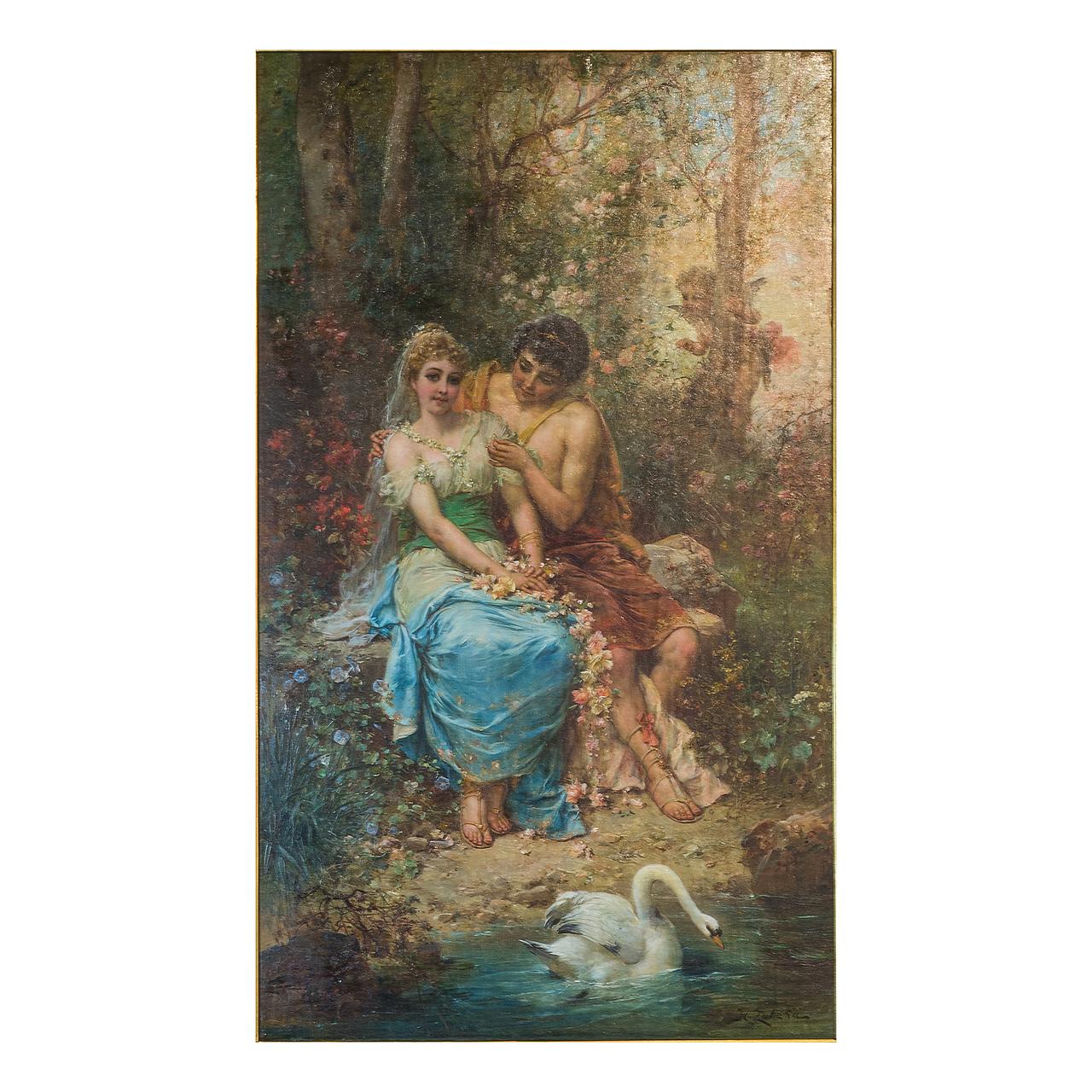 HANS ZATZKA
Austrian, 1859-1949

Two Maidens by the Pond

Signed 'H. Zatzka' LR 

Oil on canvas
33 1/2 x 20 1/2 inches (canvas); 45 x 32 x 4 inches (framed)