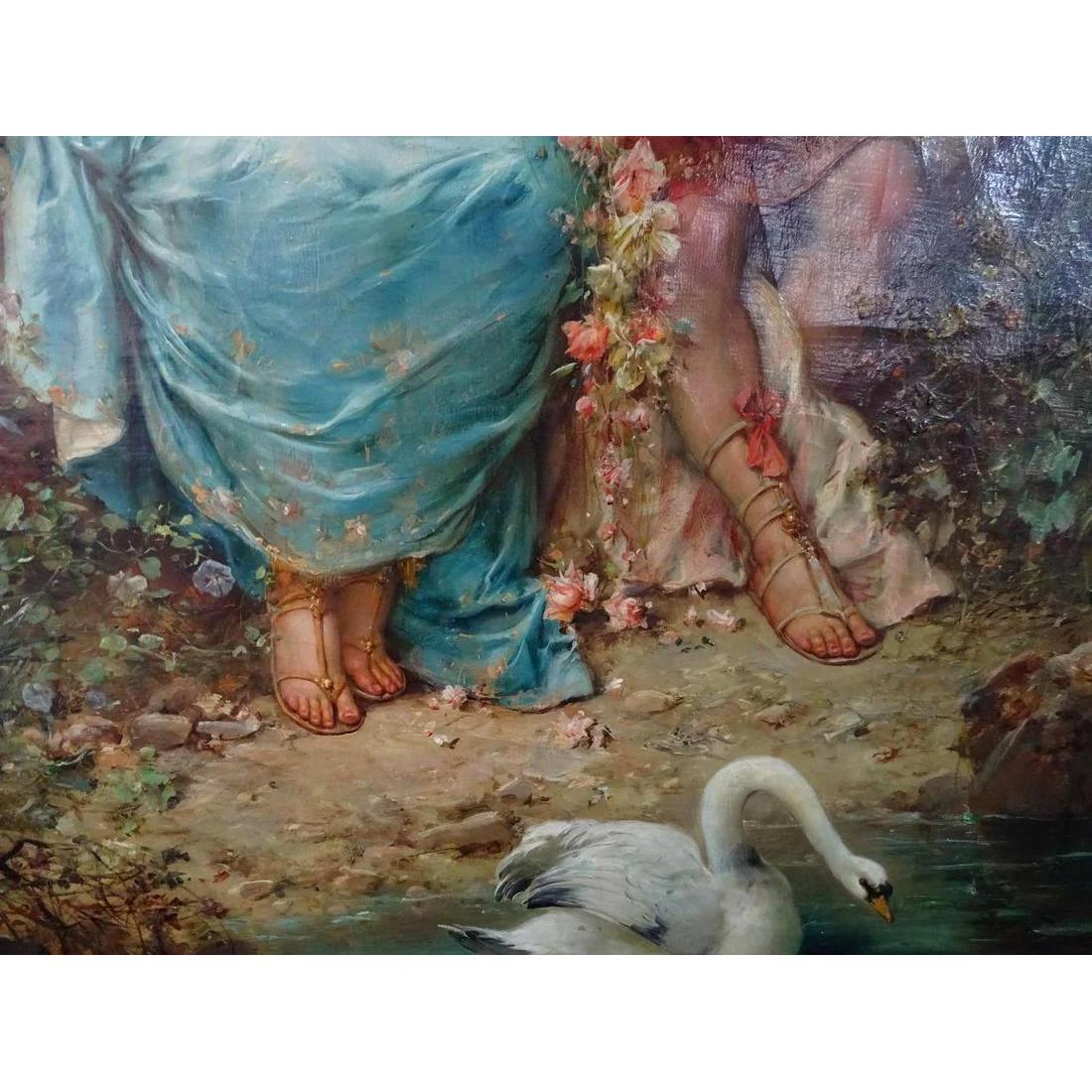 A Fine Hans Zatzka Painting of Two Maidens by the Pond 2
