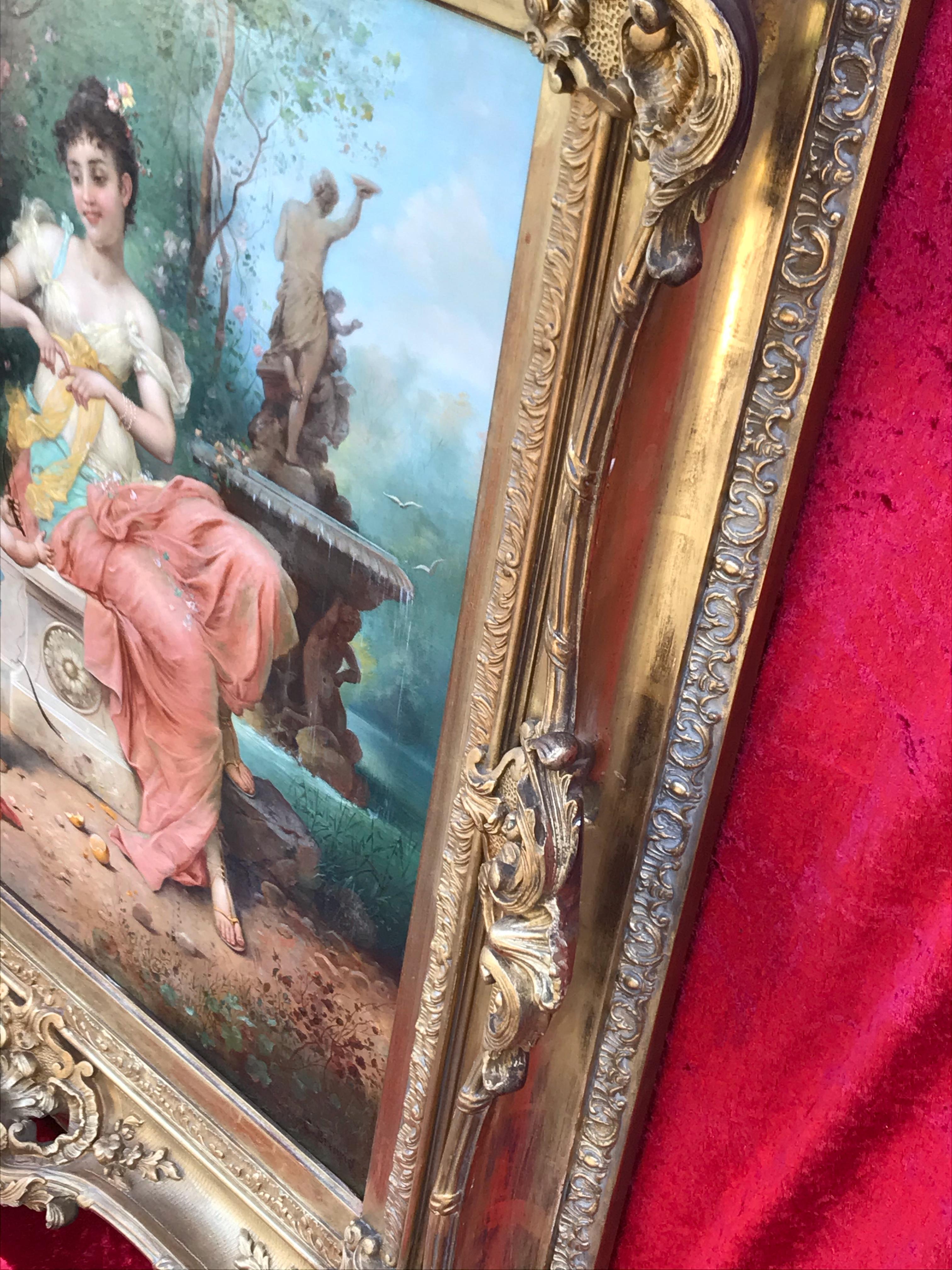 Giovane donna e Cupido nel parco - Painting Accademia di Hans Zatzka