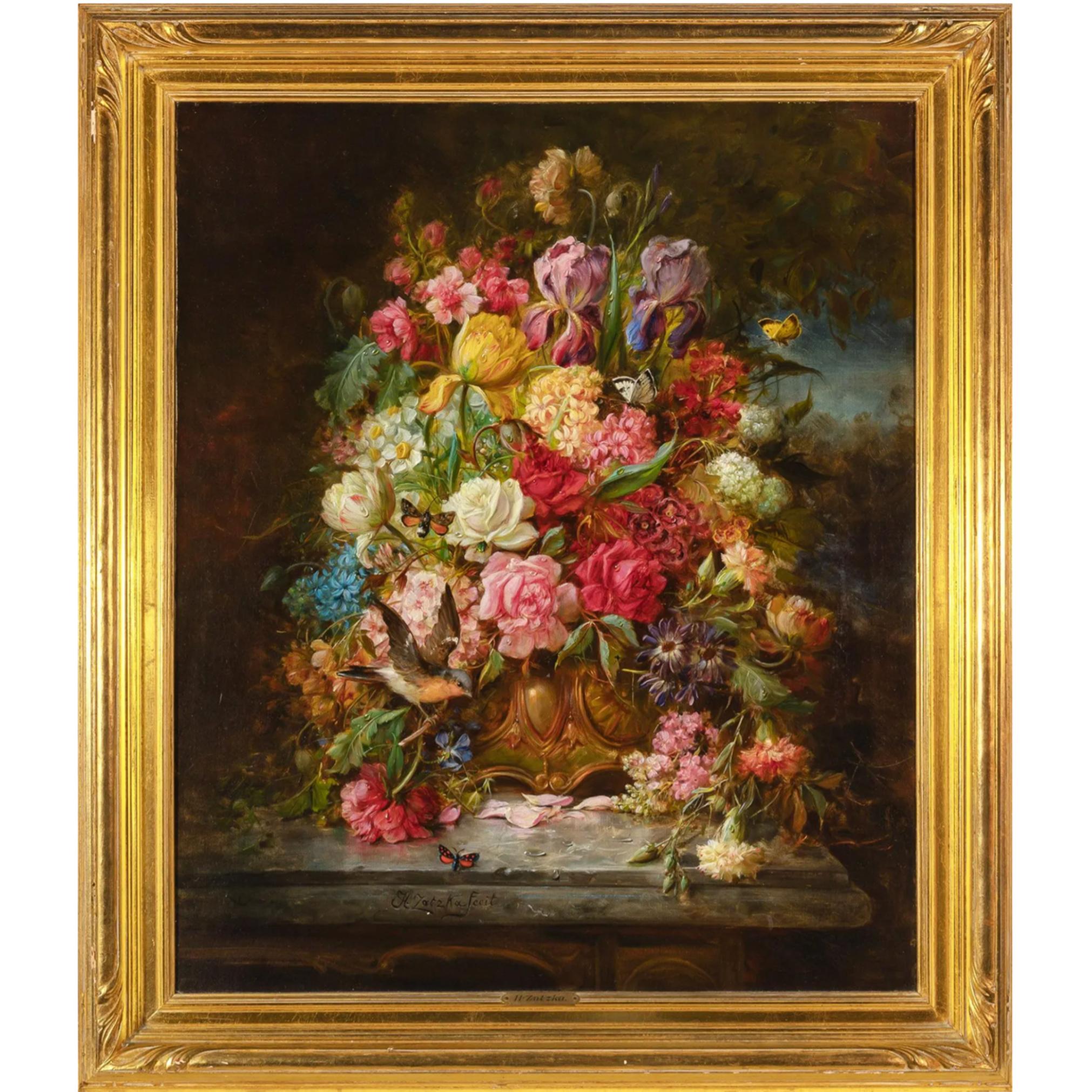 Zatzka (1859-1945) Nature morte de fleurs, papillons et oiseaux dans une jardinière - Painting de Hans Zatzka