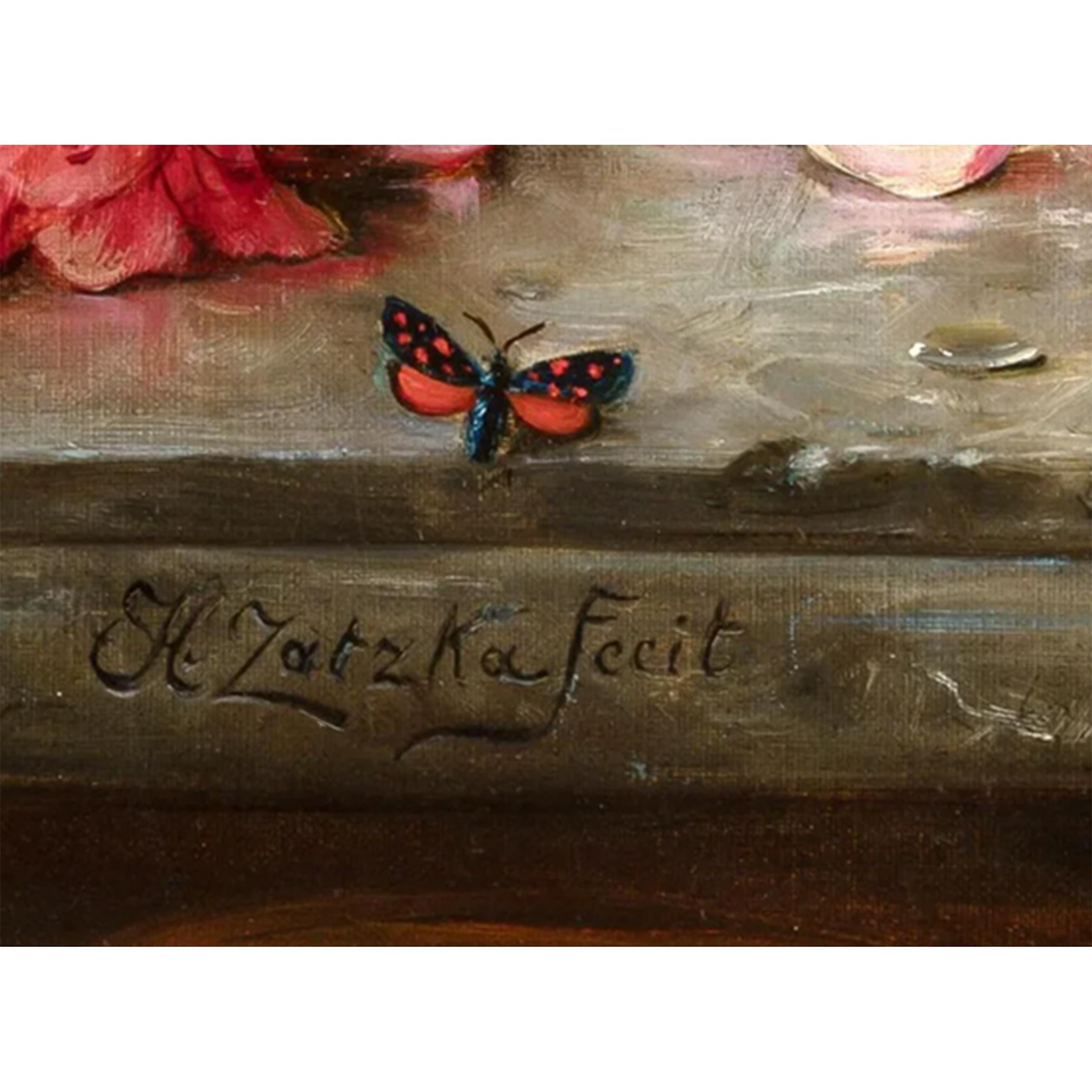 Zatzka (1859-1945) Still Life of Flowers, Butterflies and a Bird in Jardiniere - Brown Still-Life Painting by Hans Zatzka