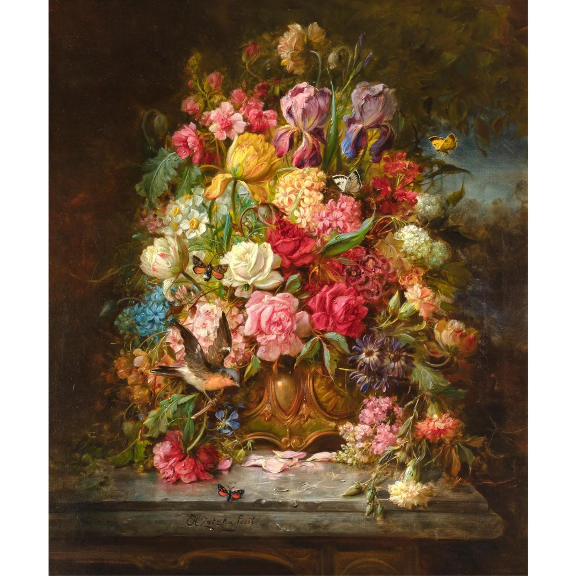Still-Life Painting Hans Zatzka - Zatzka (1859-1945) Nature morte de fleurs, papillons et oiseaux dans une jardinière