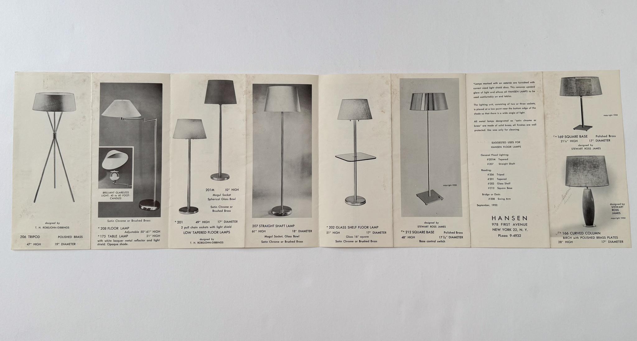 Accordion brochure for Hansen Lamps listing locations in New York and Dallas. Presents work by T.H. Robsjohn Gibbings, Stewart Ross James, Jane Kidder, and Clark Voorhees. Published by Hansen Lamps in September, 1952. Small 8vo (4” x 9”) folds out