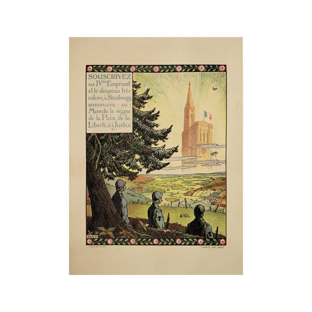 Dieses eindrucksvolle Originalplakat der französischen Kriegsanleihe von 1918, das von dem elsässischen Illustrator Hansi (dem Pseudonym von Jean-Jacques Waltz) geschaffen wurde, ist ein ergreifender Aufruf zum Handeln und ein visuelles Leuchtfeuer