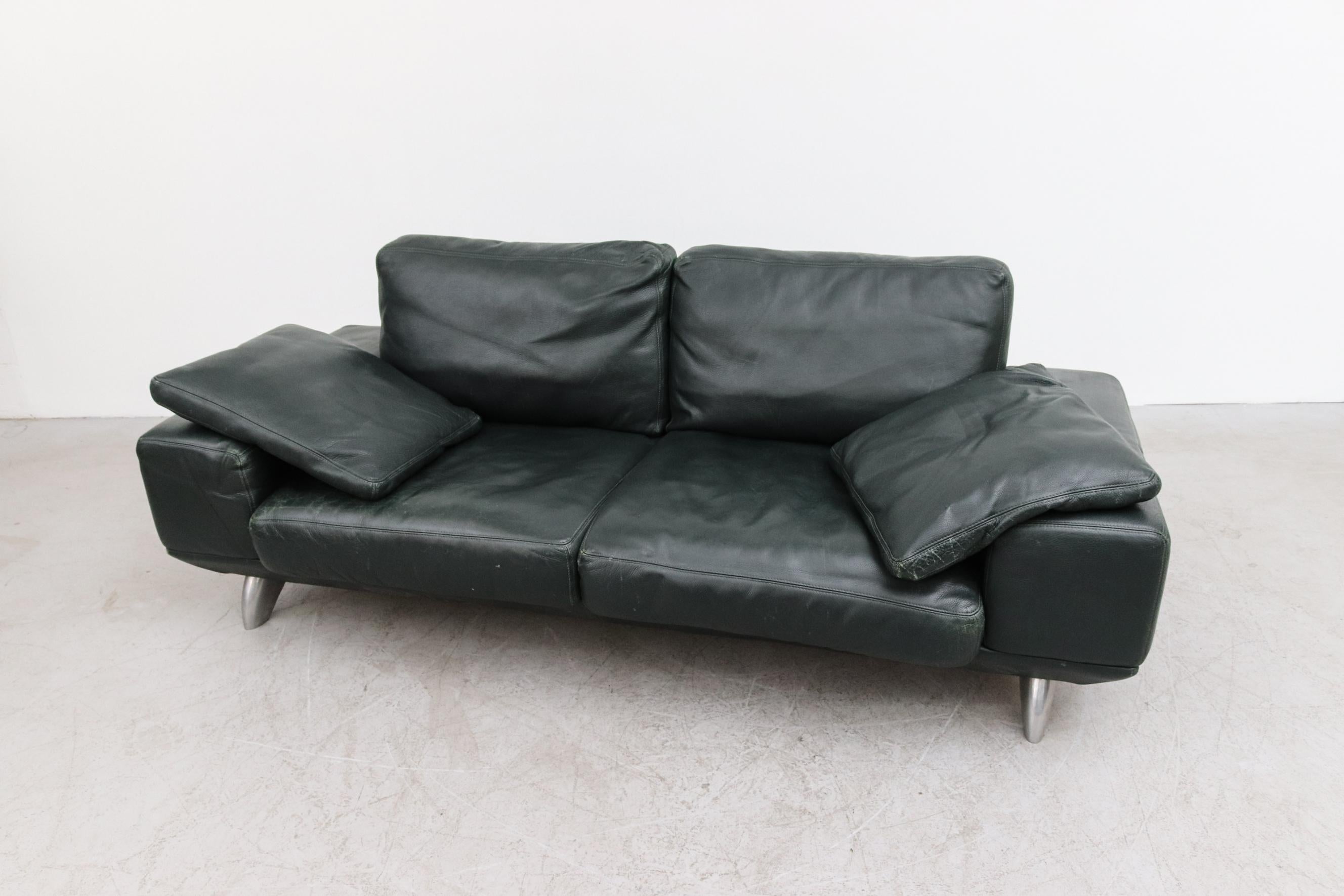 Mid-Century Modern Hansome Dark Green Leather Sofa by Molinari