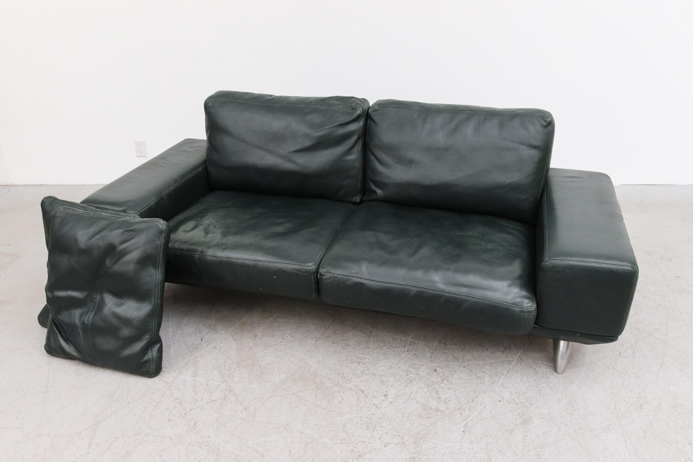 Italian Hansome Dark Green Leather Sofa by Molinari