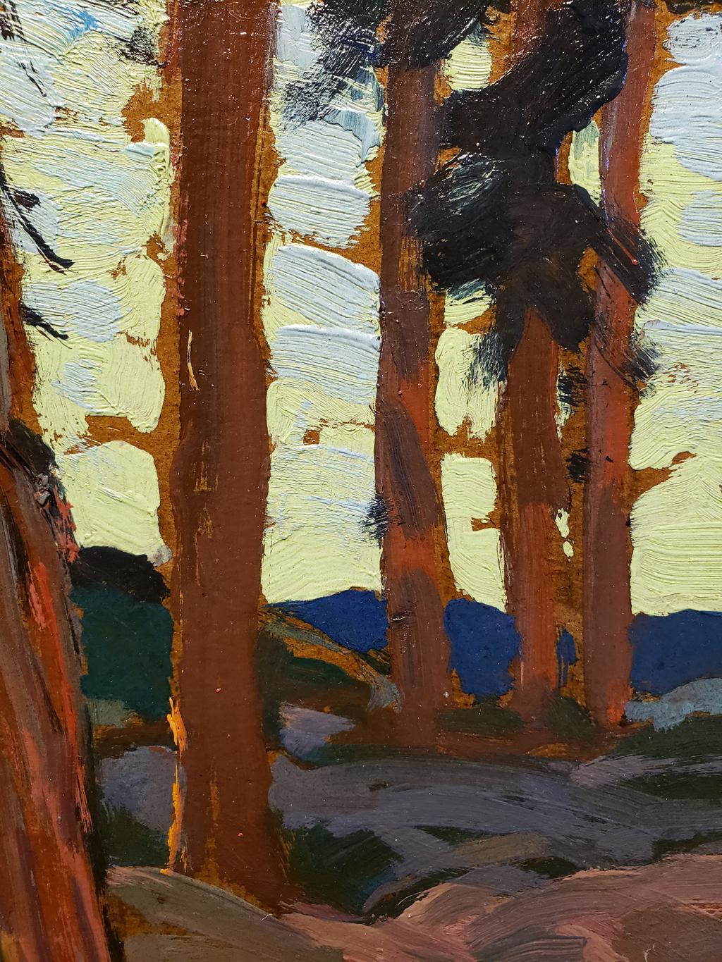 Provenance
Consigned to the gallery by private collectors

Description
This view created en plein air of a trail meandering through a vertical stand of pine trees, reveals an inviting access point through an intimate forest, with an abstracted