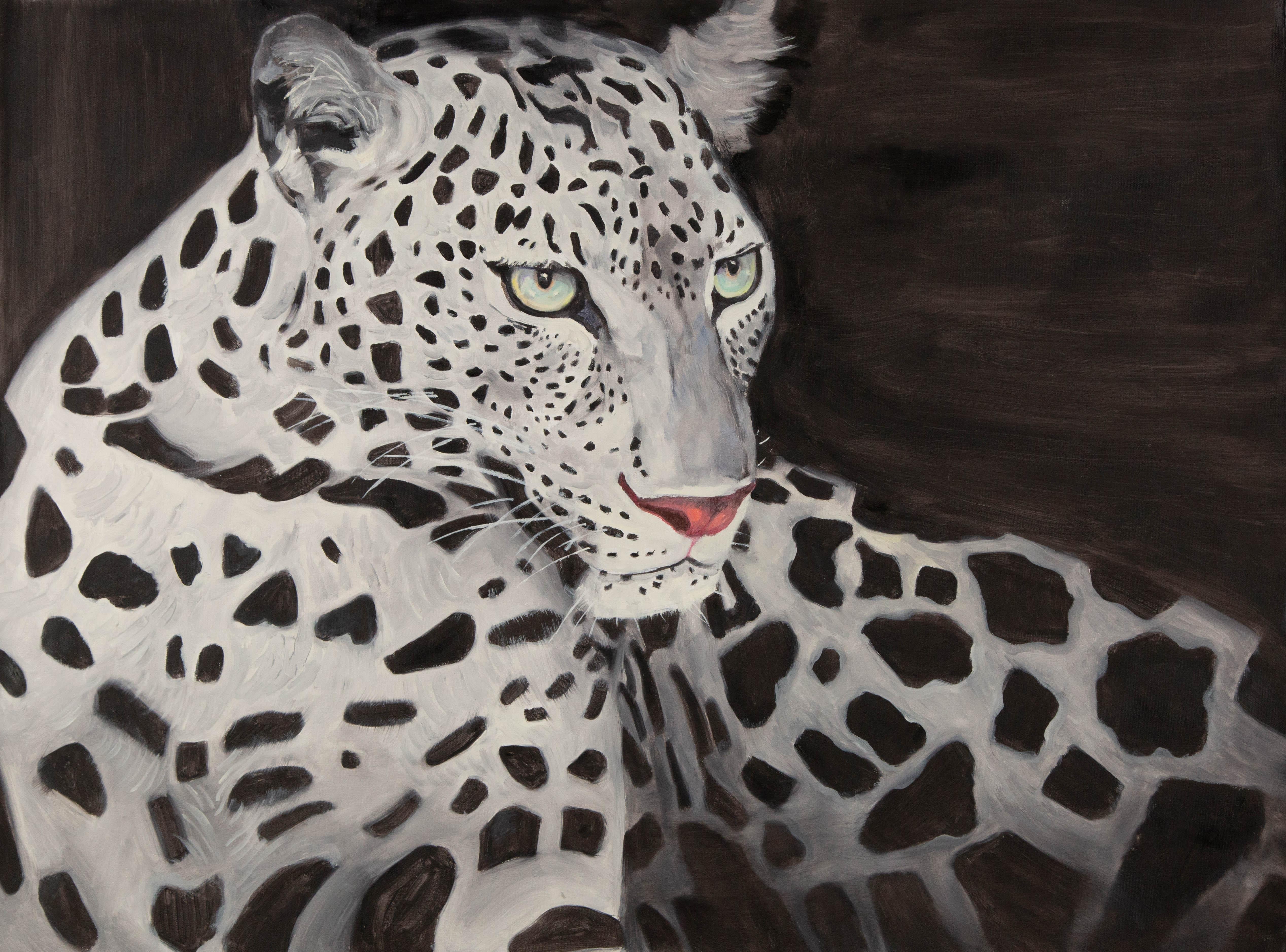 Title: Mr.leopard
 Medium: Oil on canvas
 Size: 23 x 31 inches
 Frame: Framing options available!
 Condition: The painting appears to be in excellent condition.
 Note: This painting is unstretched
 Year: 2000 Circa
 Artist: Hao Zhang
 Signature: