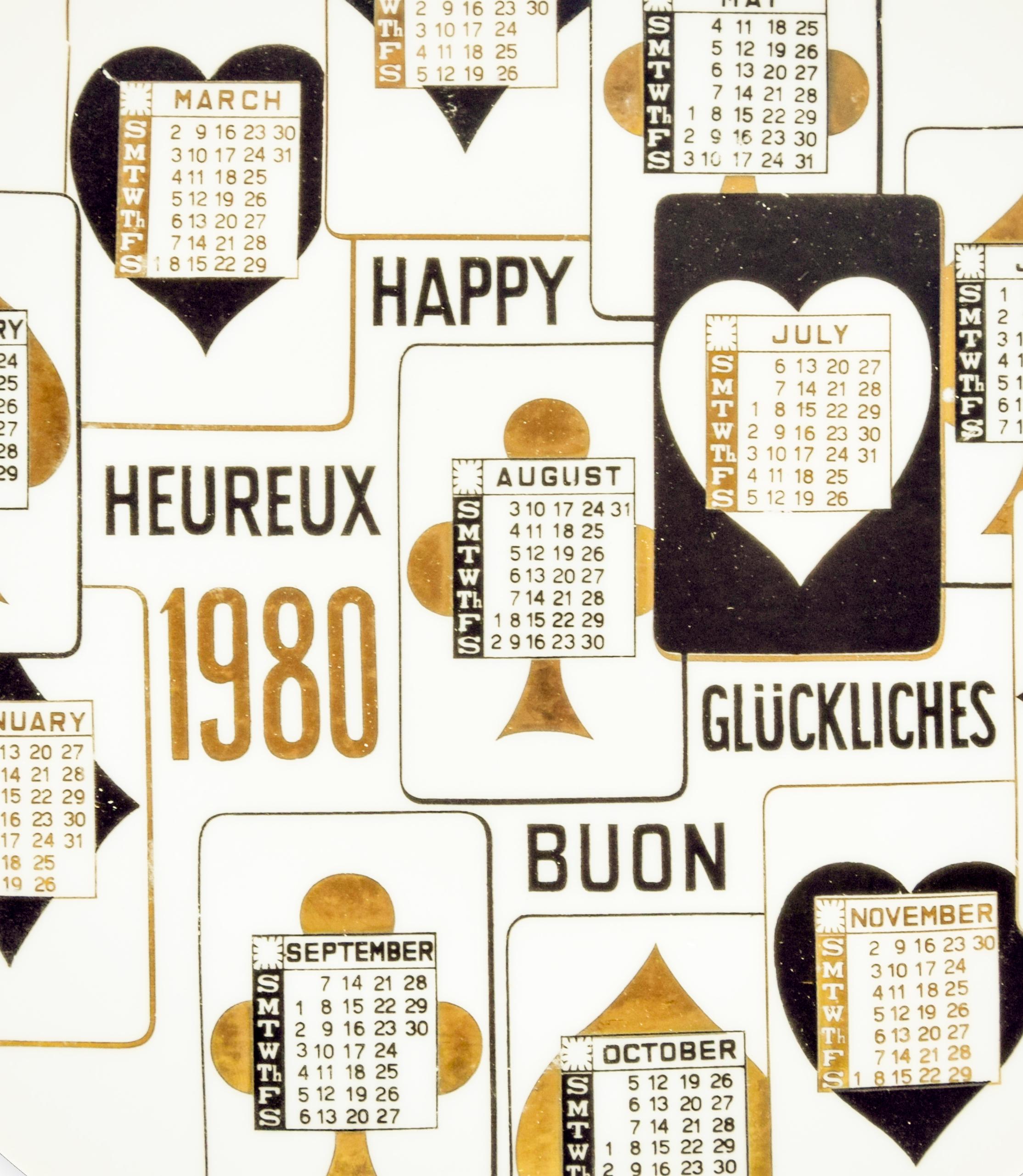 Buon 1980 Calendario is a silk-screened porcelain plate, designed by Piero Fornasetti in 1980 from the Calendario series, the Happy New Year dishes series. 

Very good conditions.

Black and white ceramic Fornasetti wall plate, illustrated with